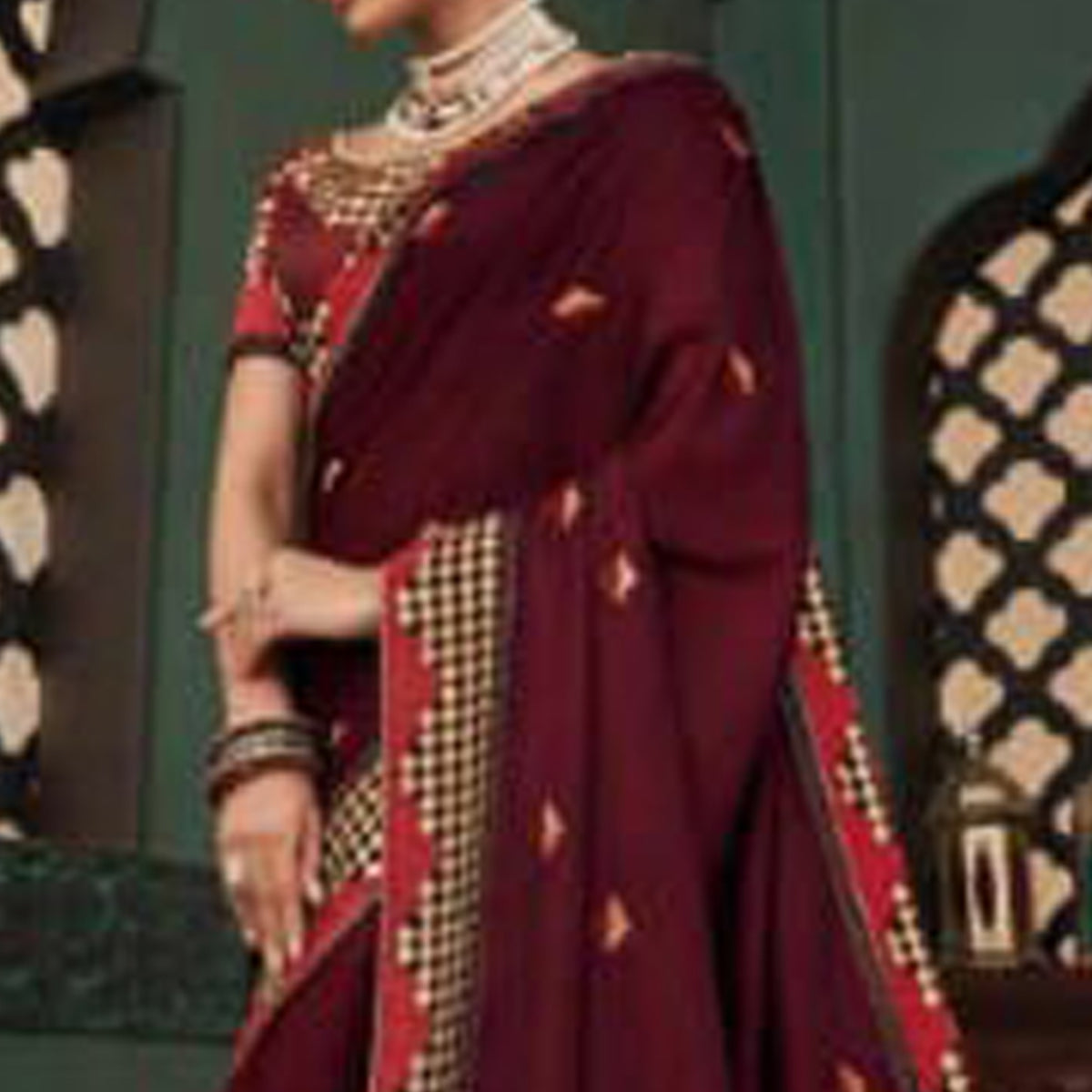 Peachmode Maroon Embroidered Satin Saree – Women's - view 2