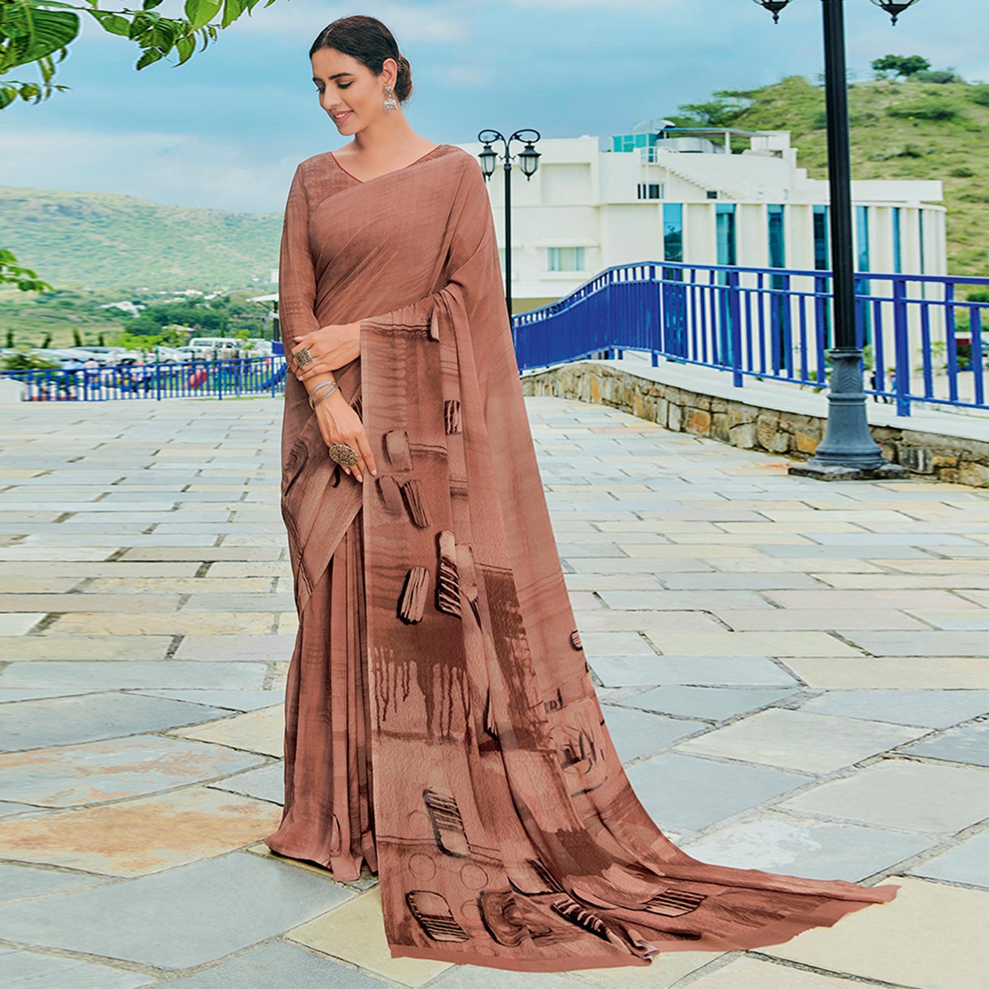 Peachmode Brown Printed Georgette Saree – Women's