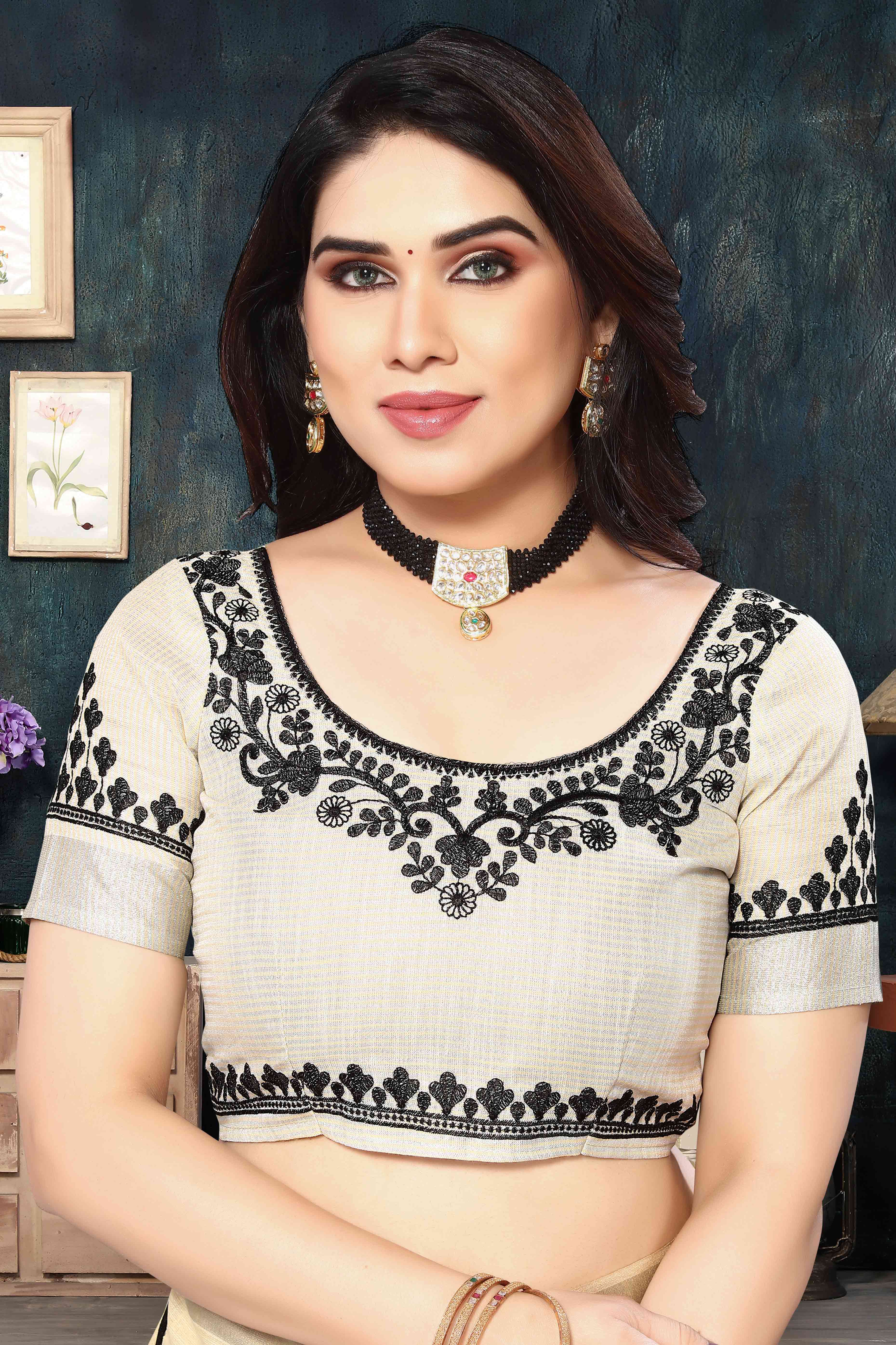 Peachmode Cream Embroidered Linen Cotton Saree With Zari Border - view 6