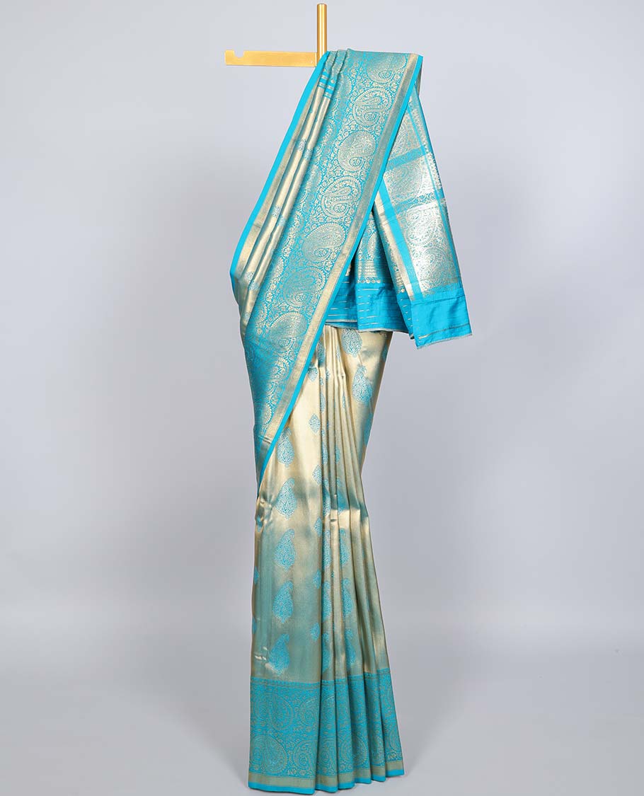 Pothys Blue paisley design Semi banaras tissue saree, border of embellished paisley motifs & intricate pallu of paisleys - view 2