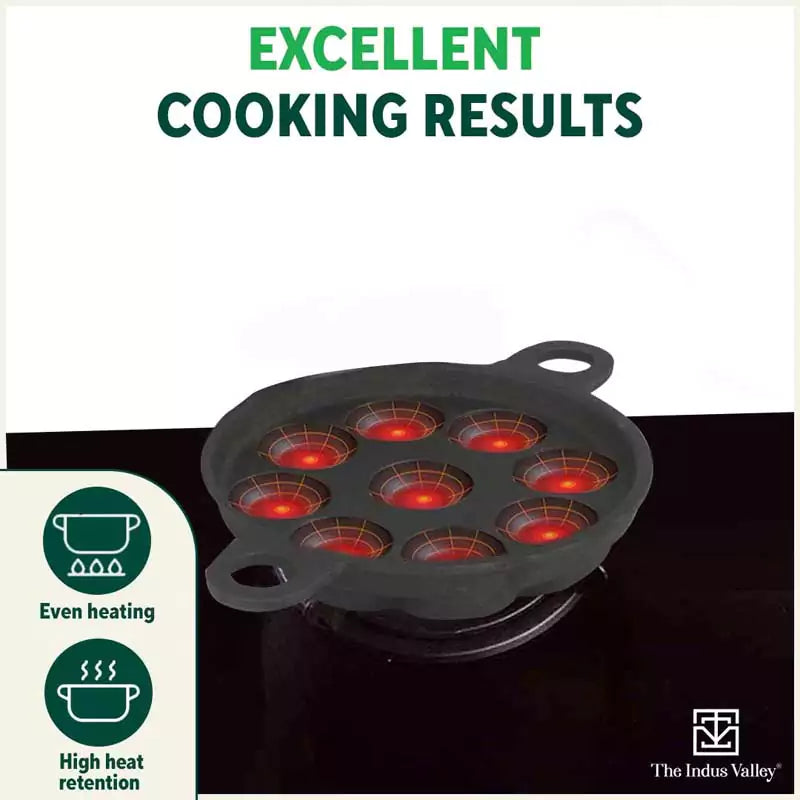 The Indus Valley 9 Pit/Cup CASTrong Cast Iron Paniyaram/Appe Pan+ Glass Lid, Pre-seasoned, Natural Nonstick, 100% Pure, Toxin-free, 21 cm, 2.7 kg - view 7