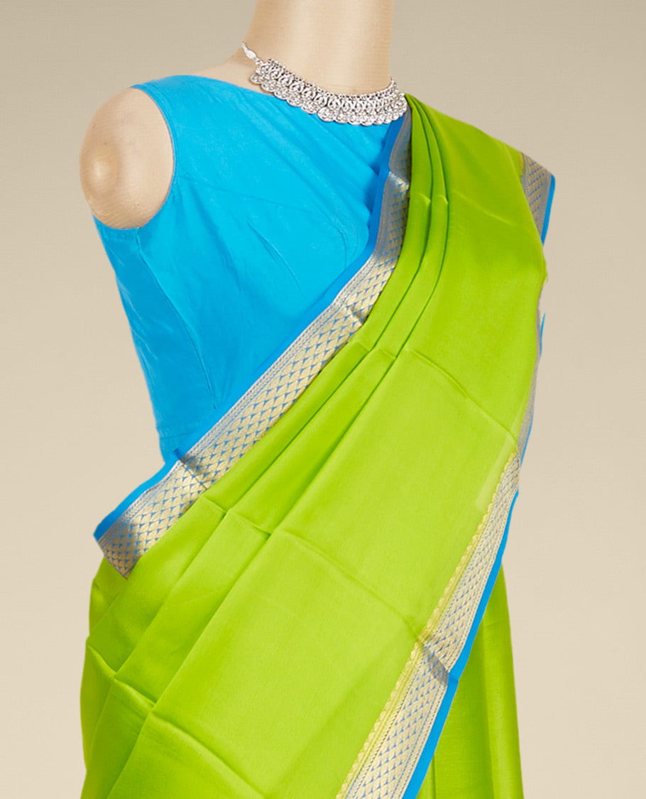 Pothys Green plain design mysore silk saree, contrast traditional zari design border