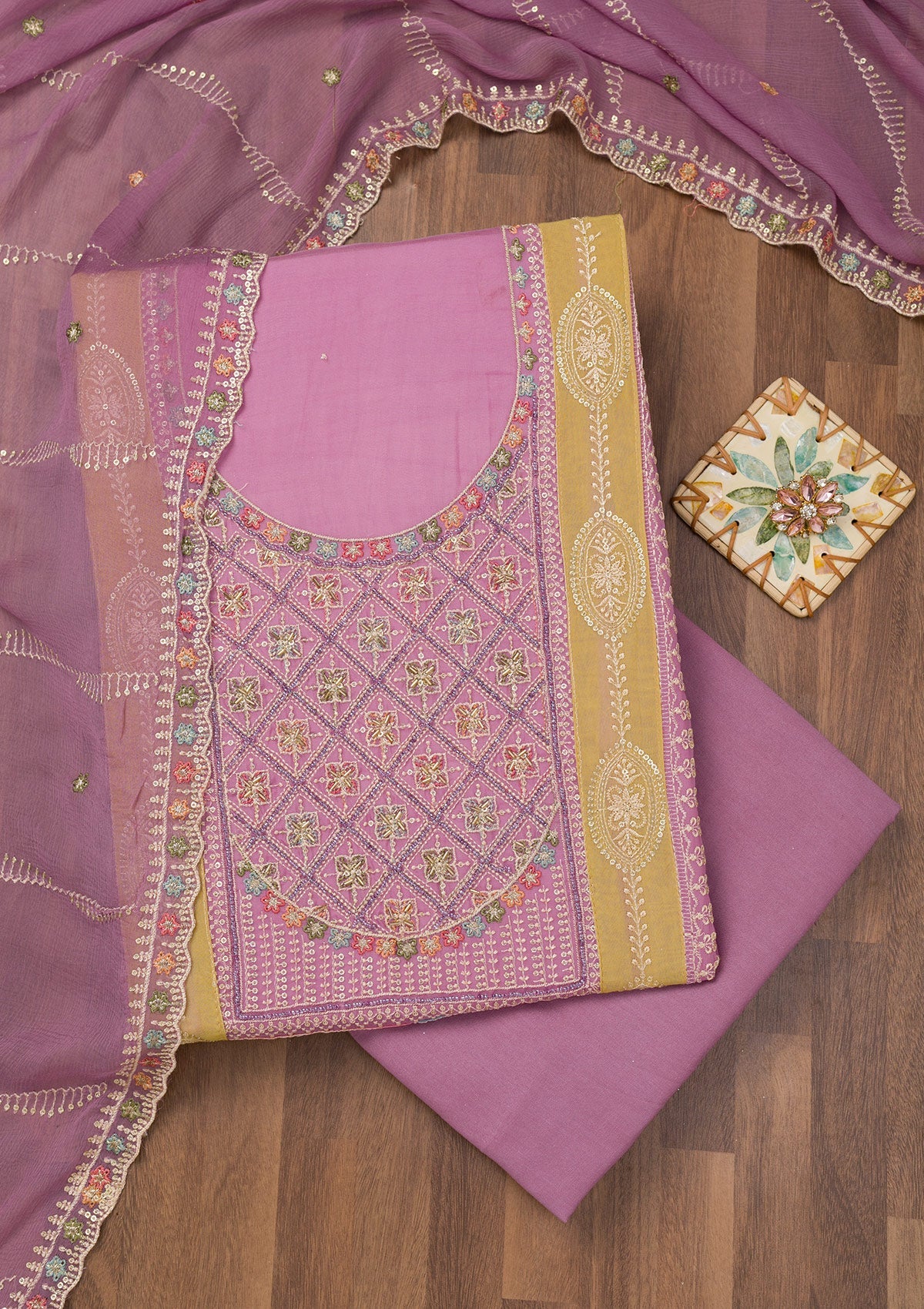 Koskii Lavender Threadwork Semi Crepe Unstitched Salwar Suit