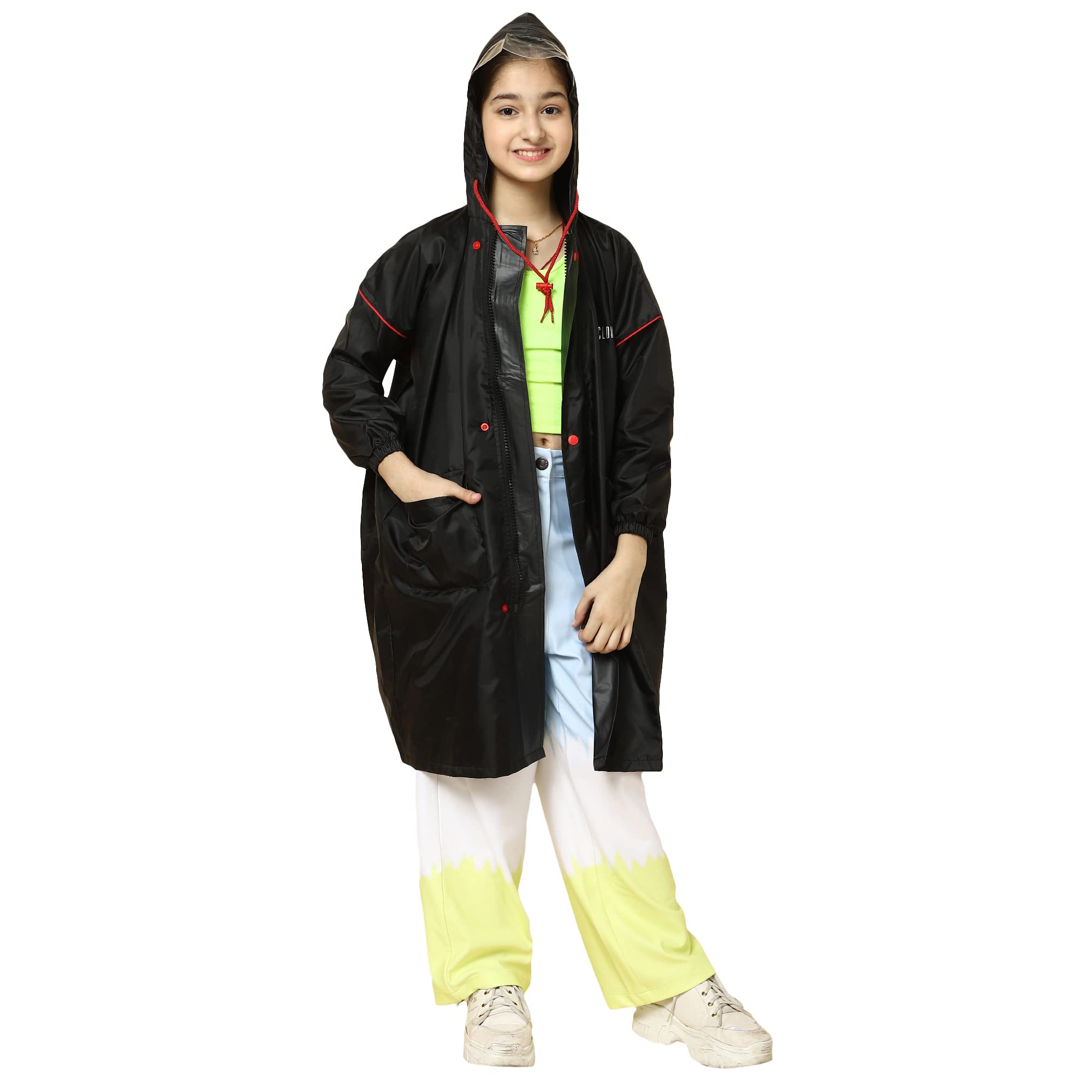 THE CLOWNFISH Laurel Series Kids Waterproof PVC Longcoat with Adjustable Hood & Extra Space for Backpack/Schoolbag Holding. Printed Plastic Pouch. Kid