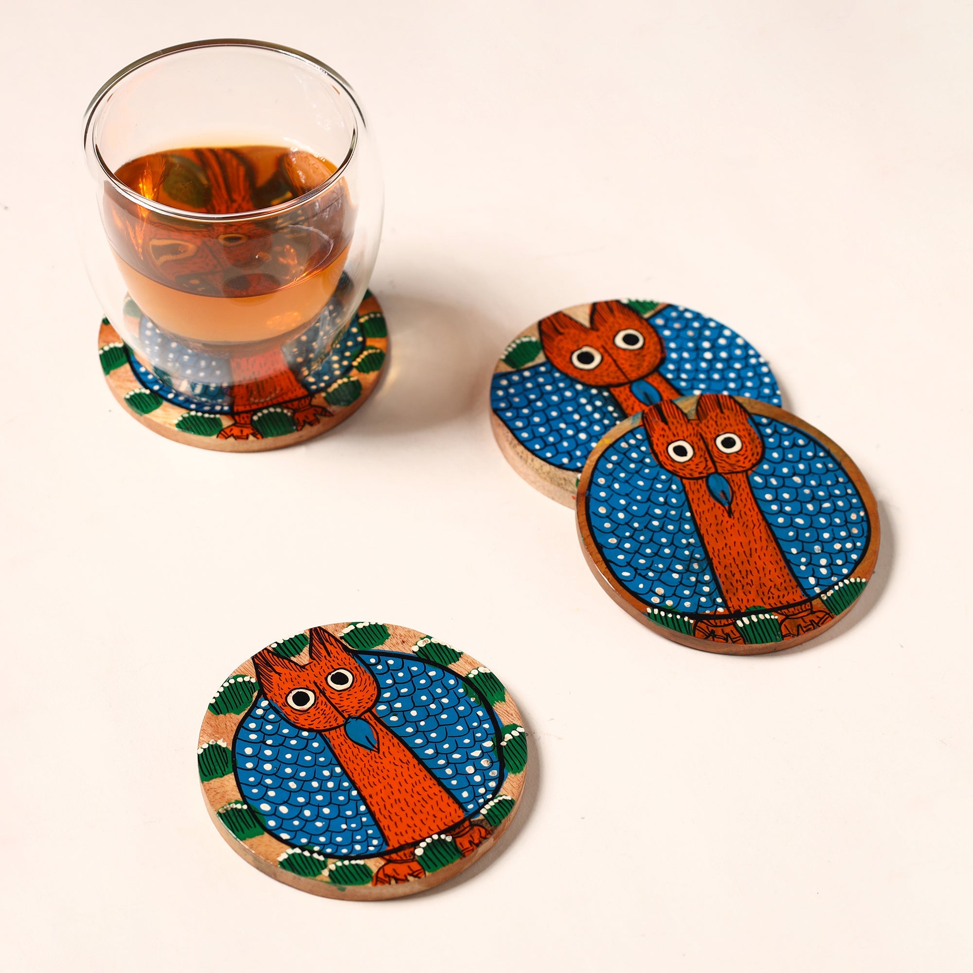 ITOKRI CRAFTS INITIATIVE Bengal Patua Handpainted Akashmoni Wooden Coasters (Set of 4) 06