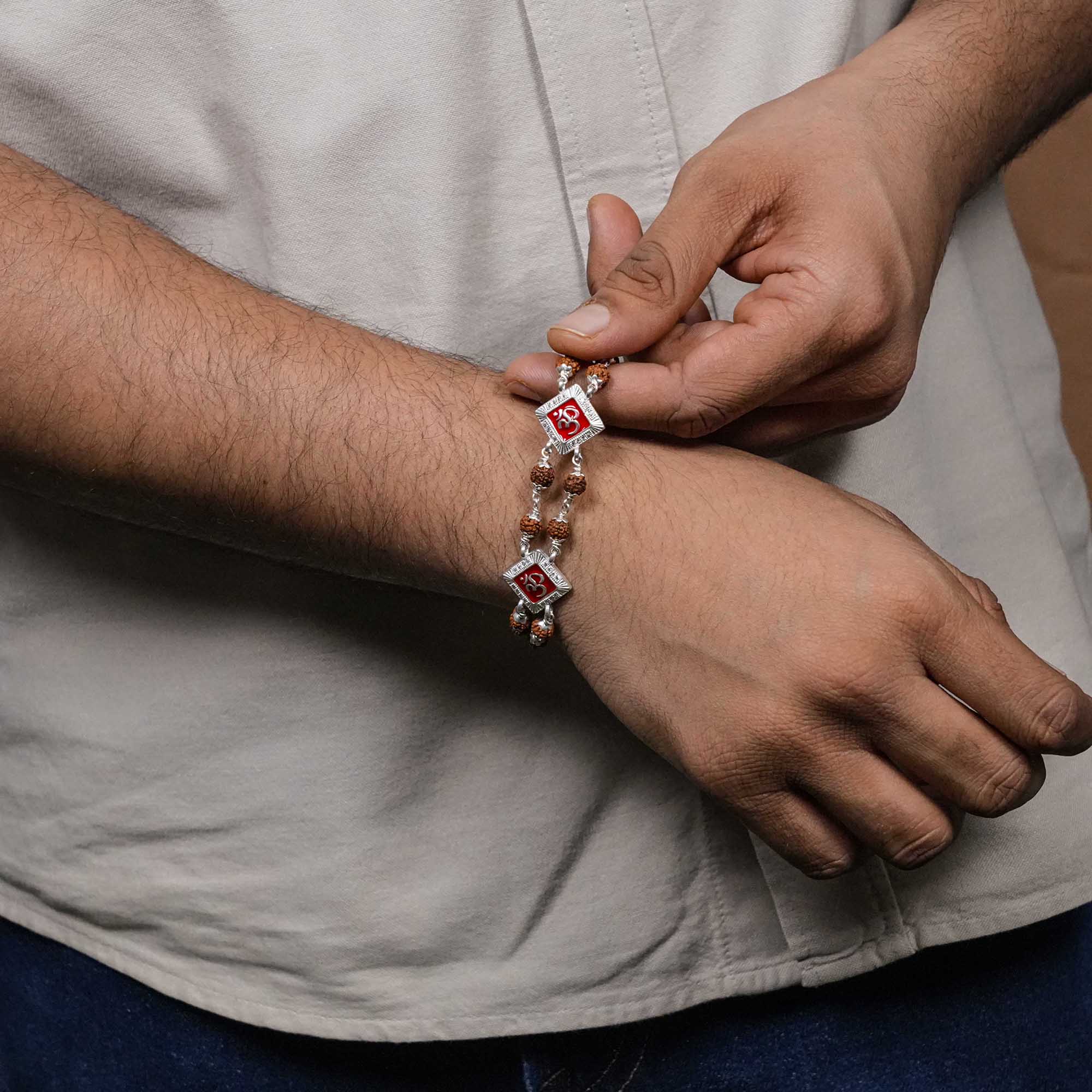 Prinjal Jewellers Rudraksha Silver Two Om double line bracelet - view 3