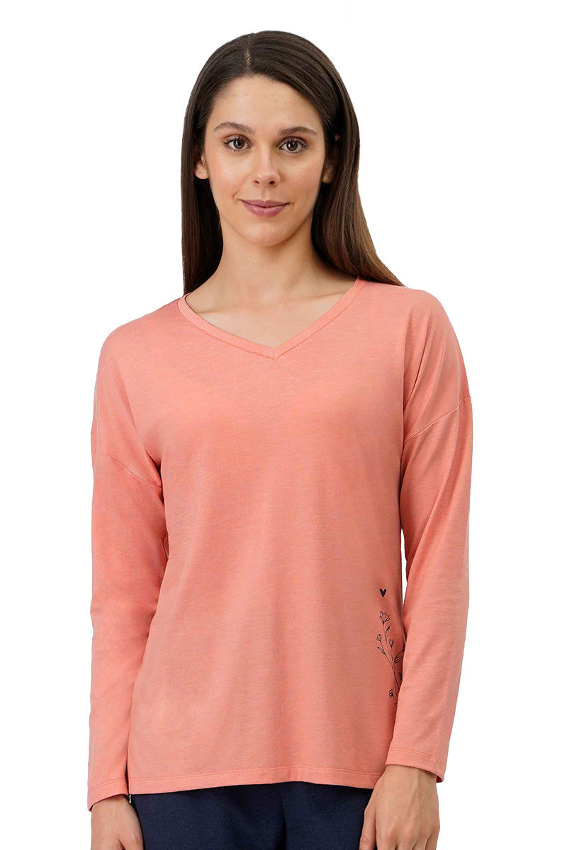 Amante Cotton Blend Long Sleeves Sleep T-shirt - Canyon Clay