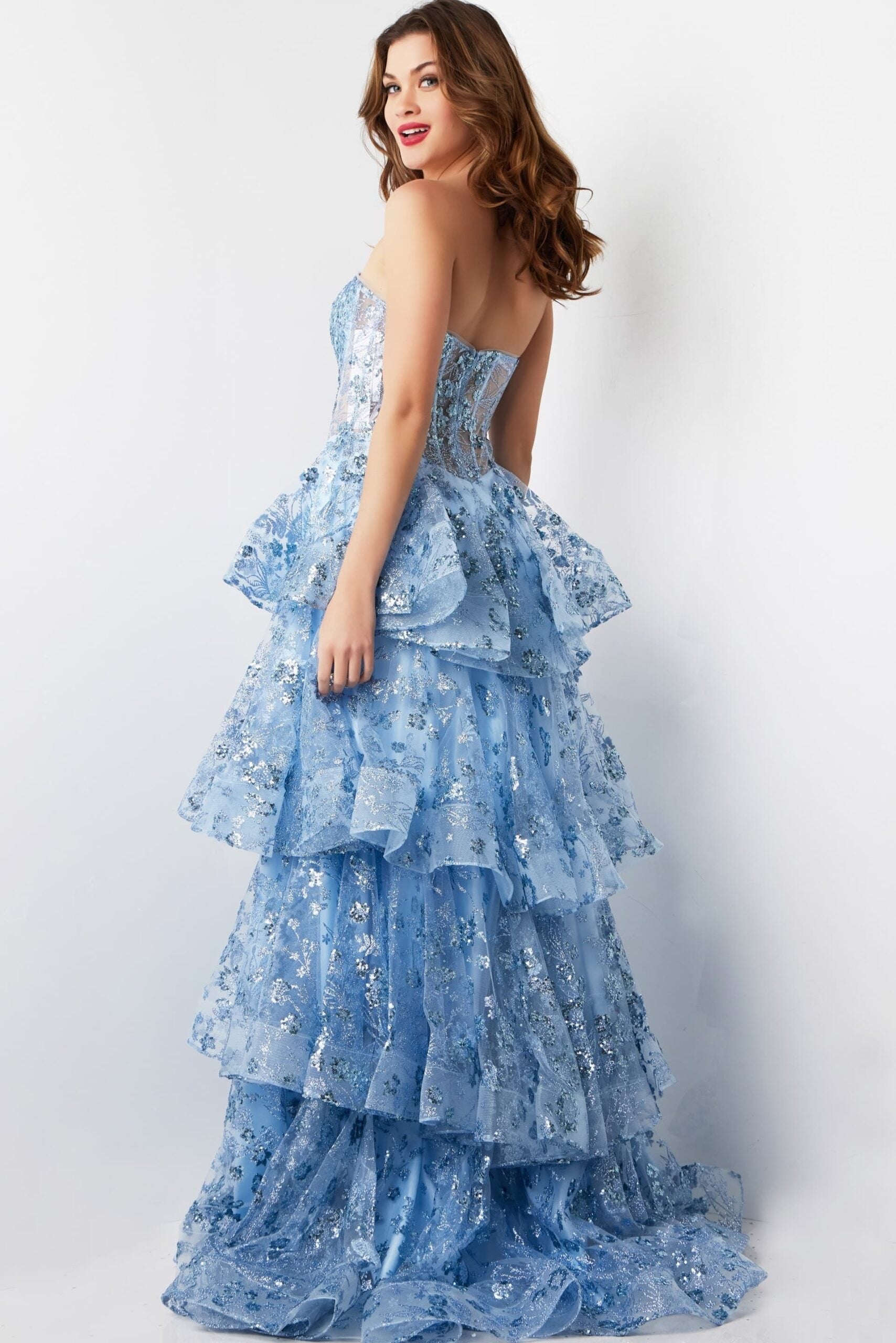 Tulle Strapless A-line Layered Slit Gown by Jovani 38528 - view 2