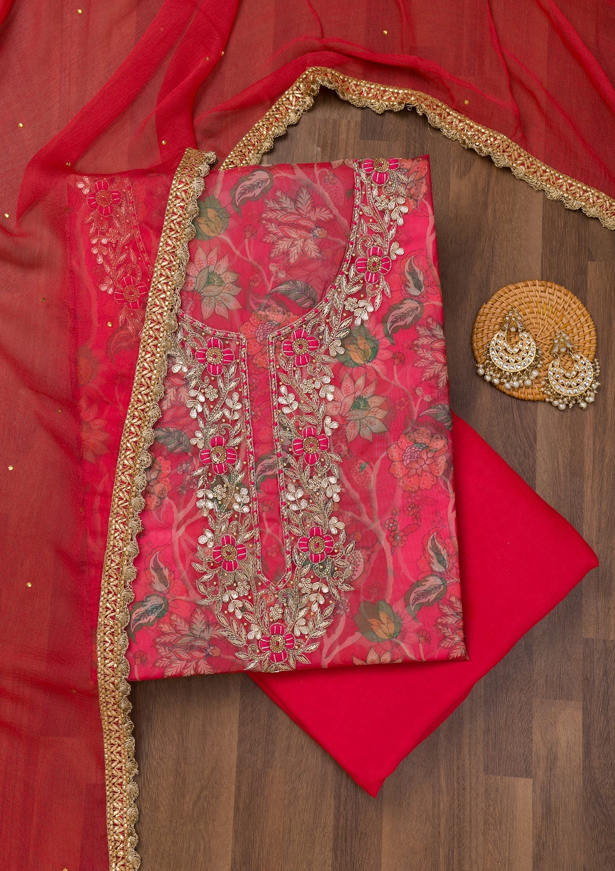 Koskii Red Zariwork Organza Unstitched Salwar Suit