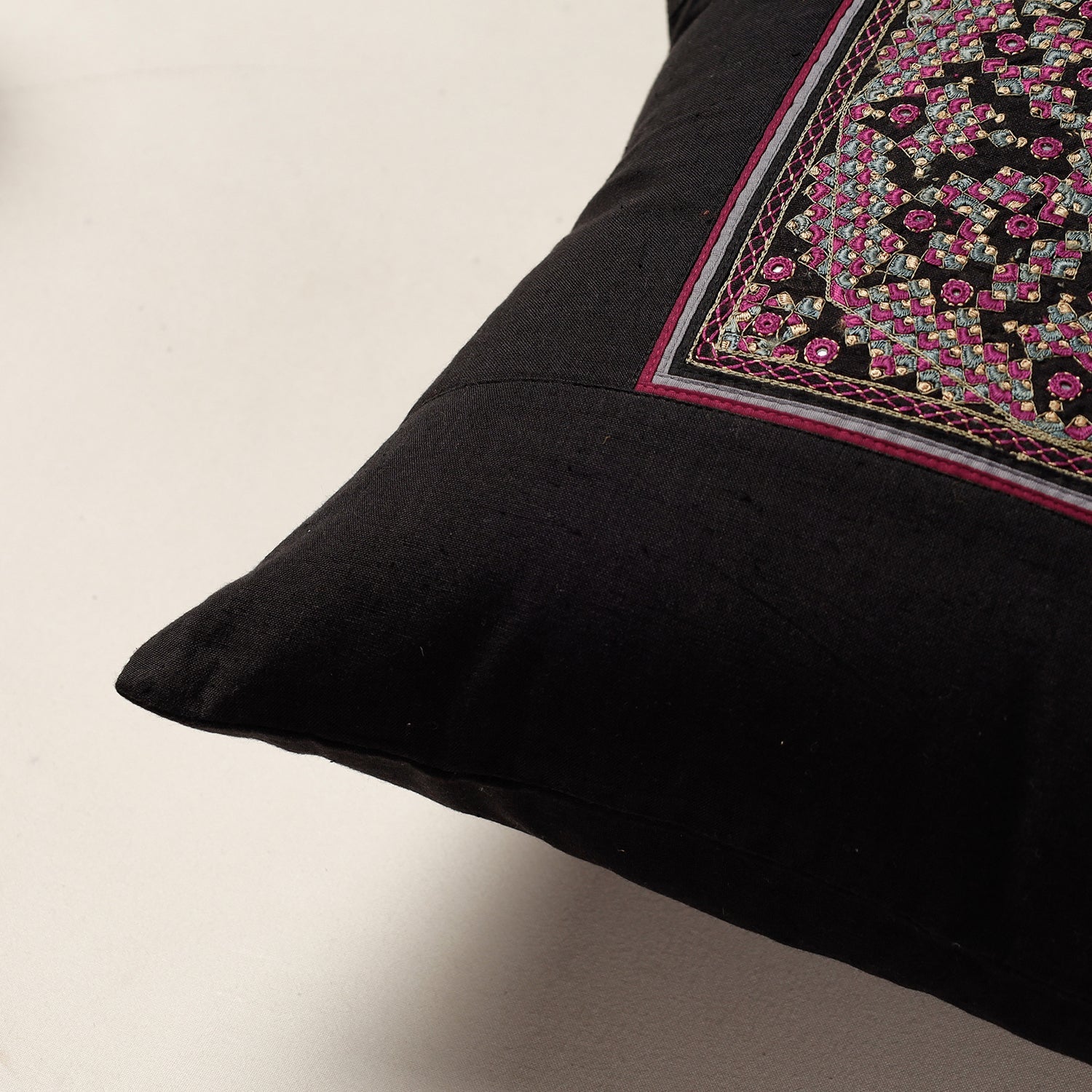 QASAB Black - Kutch Neran Hand Embroidery Cotton Cushion Cover (16 x 16 in) - view 2