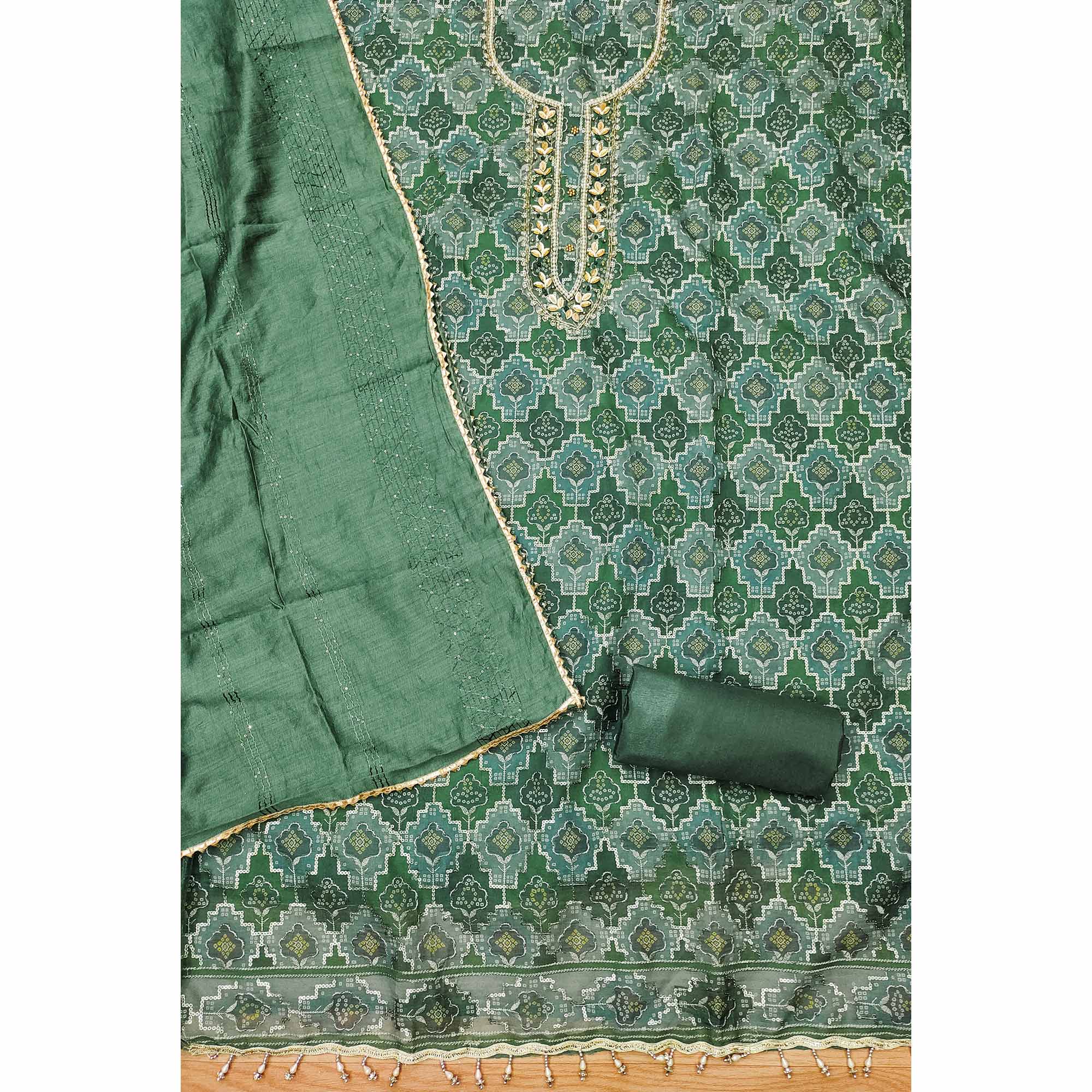 BlackTree green-sequins-embroidered-with-printed-organza-dress-material-4 - view 4