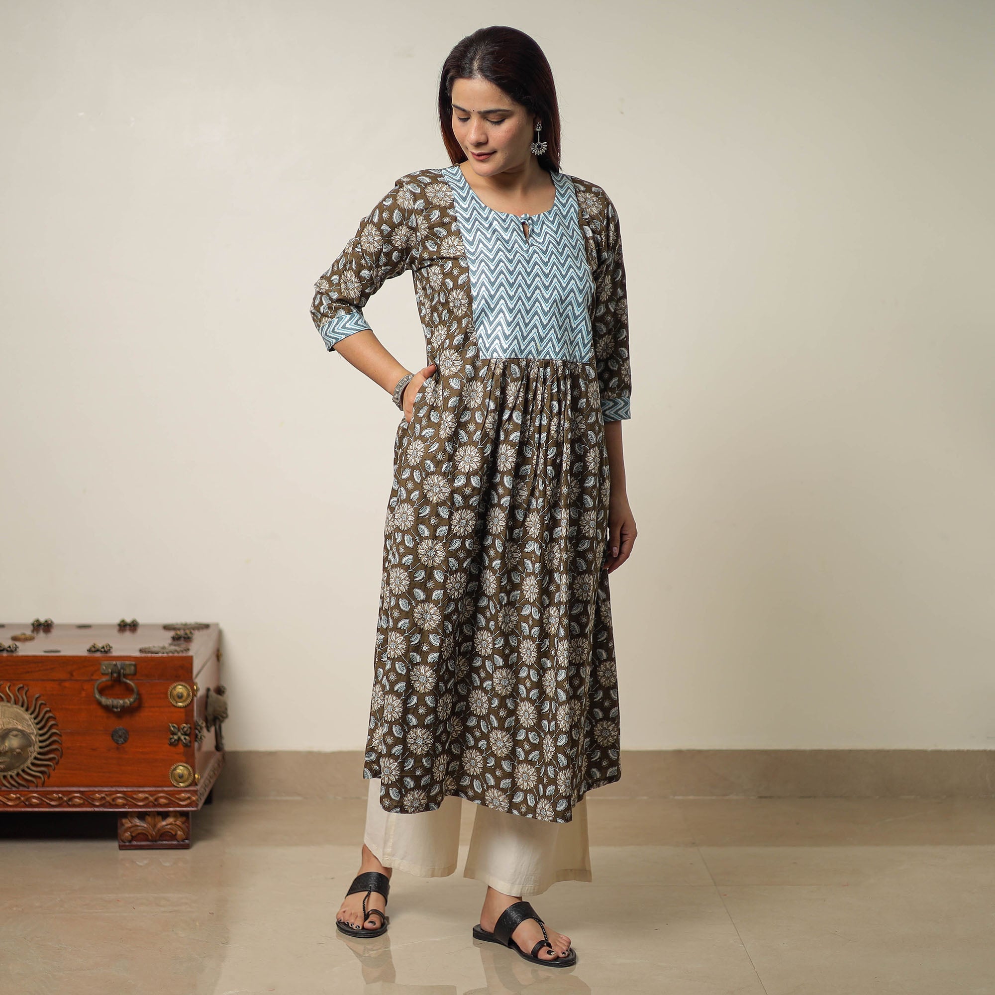ITOKRI CASUALS Brown - Jaipur Printed Cotton A-Line Kurta with Patchwork 01 - view 3