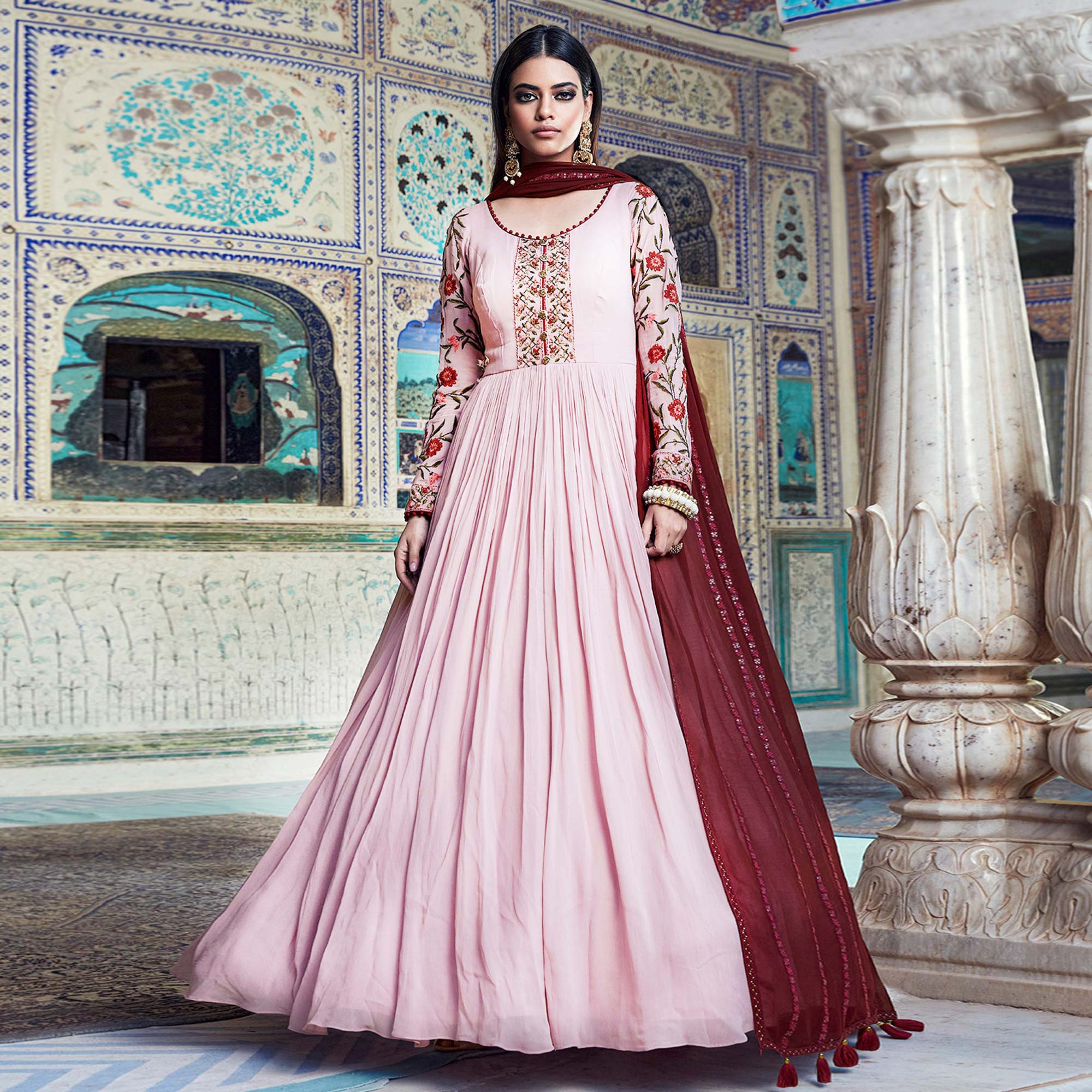 Peachmode Seller Light Pink Floral Embroidered Georgette Gown - view 2