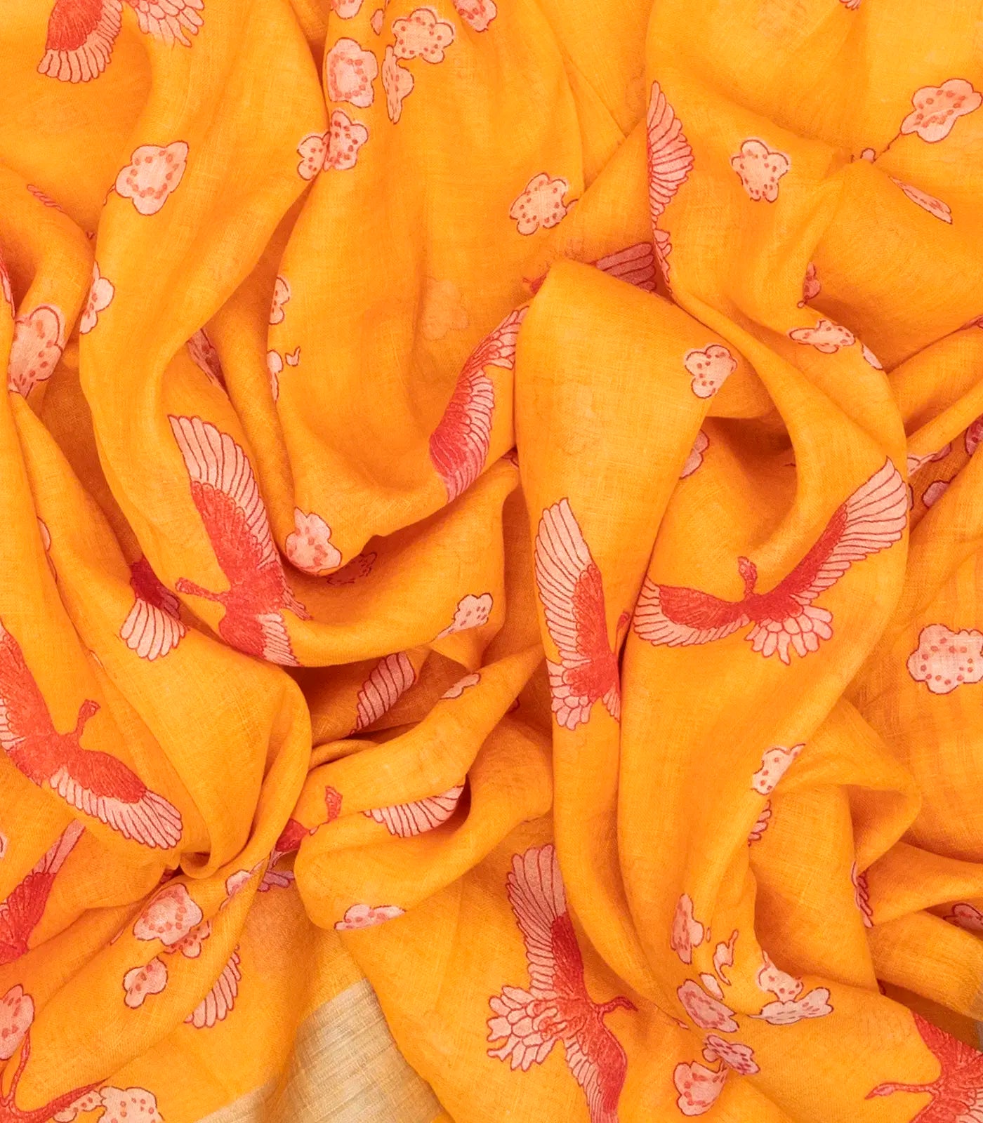 RmKV Orange Handloom Linen Saree With Printed Bird Motifs - view 3
