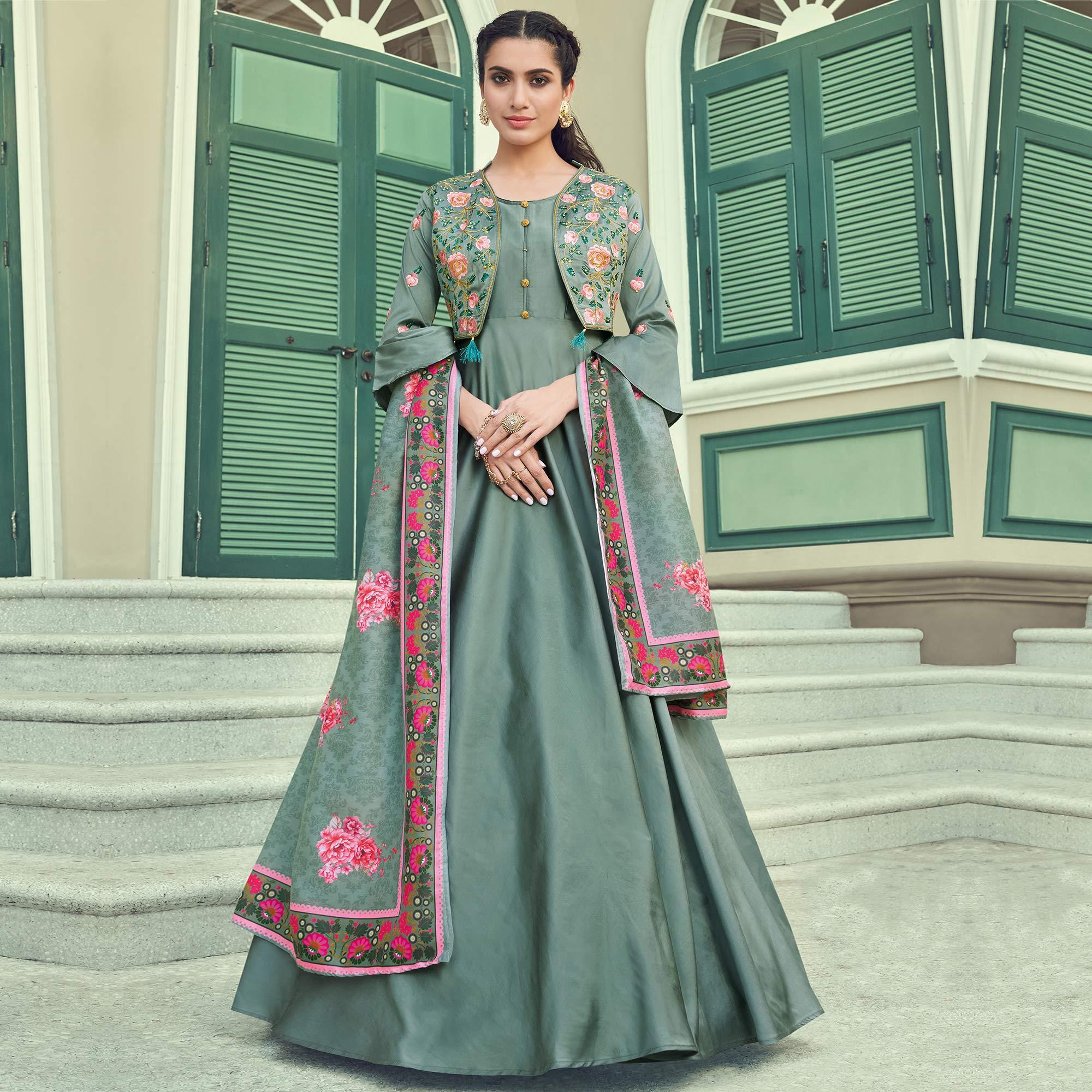 Peachmode Seller Desirable Green Coloured Embroidered Party Wear Floral Taffeta Gown