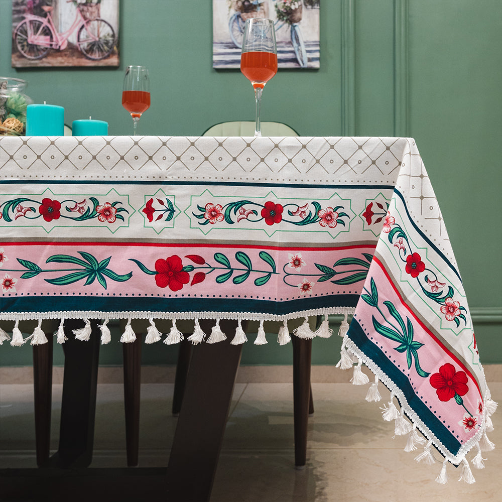 100 cotton dining – Urban Space Home Furnishing 100% Cotton Dining Table Cover, Printed Cotton Table Cloth with Boho Tassels - Hibiscus Bloom Border Pink