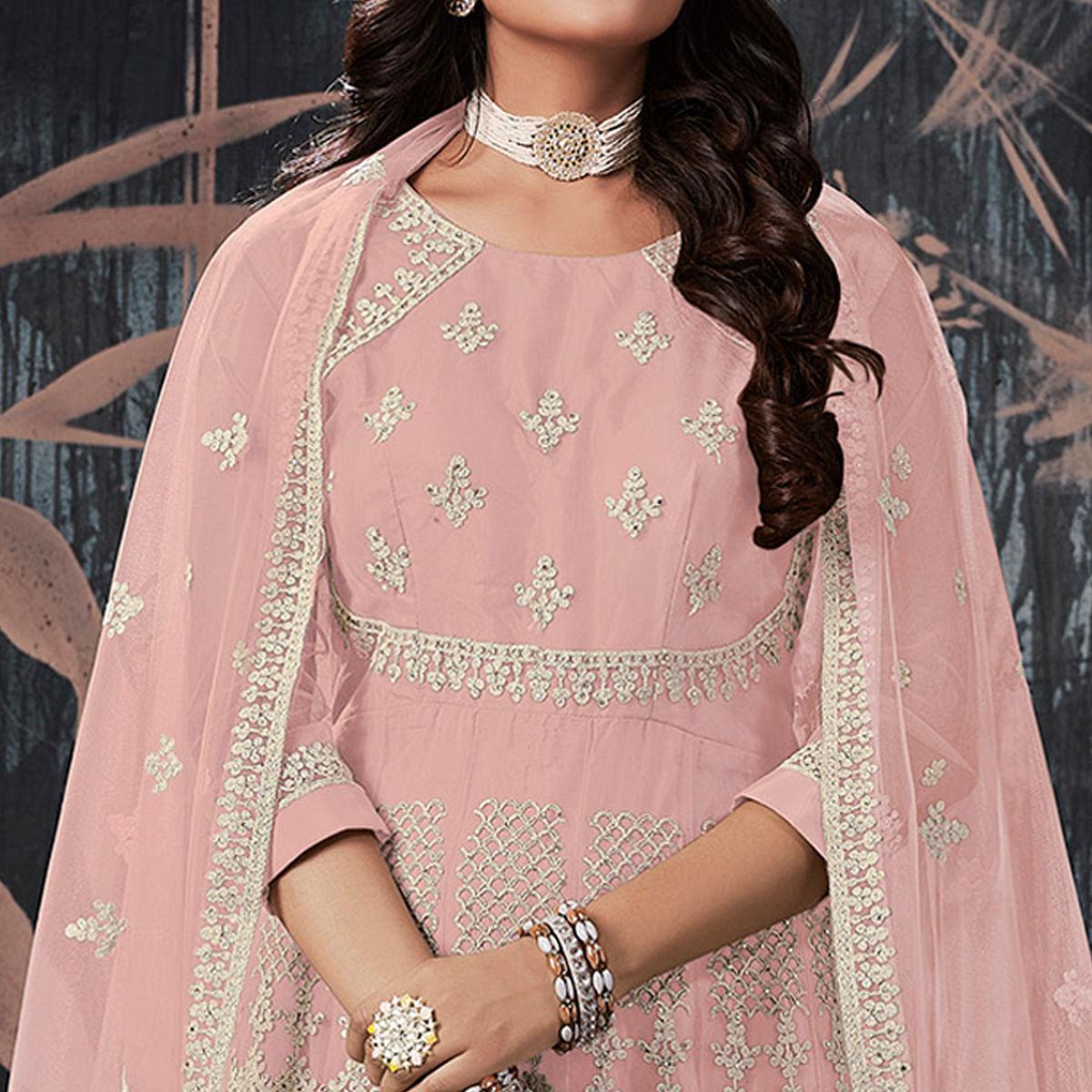 Peachmode Seller Light Pink Partywear Embroidery With Embellished Net Gown - view 2