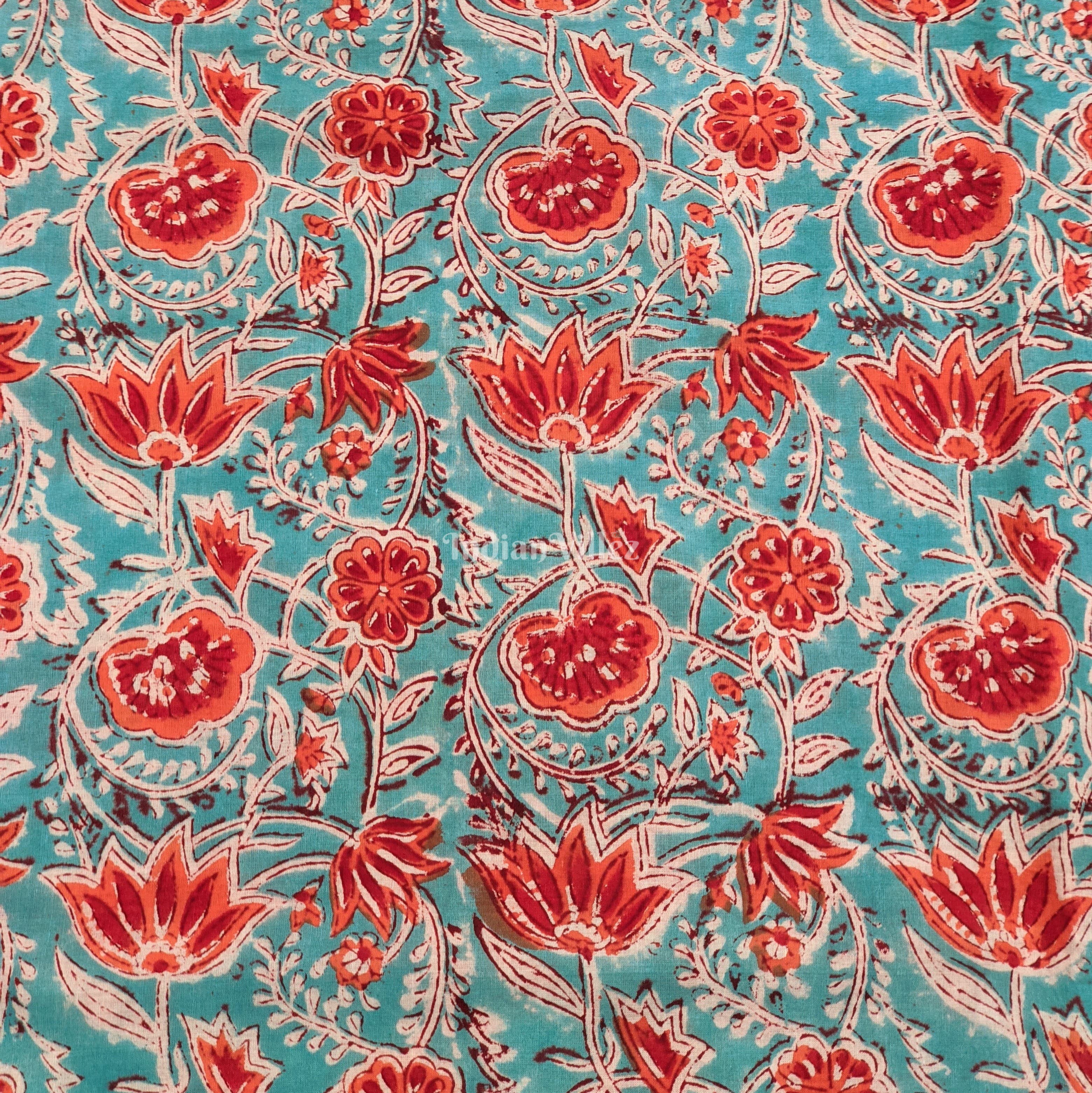 IndianVillèz Blue Multicolored Floral Hand Block Printed Cotton Fabric - view 2