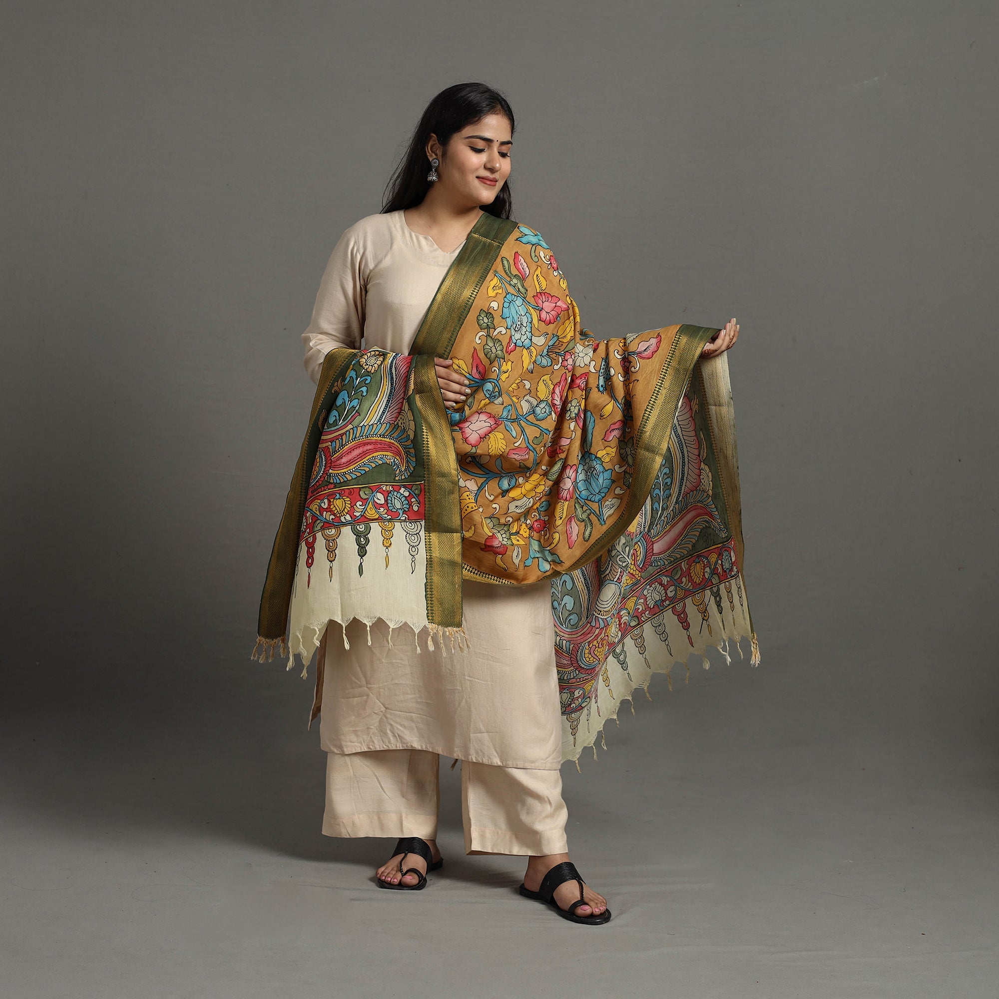 SOUTH KARGHA Brown - Chanderi Silk Srikalahasti Handpainted Pen Kalamkari Dupatta 73 - view 2