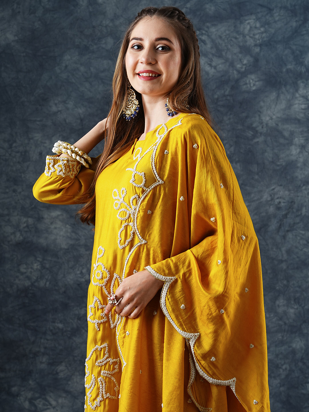 Fashor Solid Floral Dori Embroidered Straight Kurta with Pant & Dupatta - Yellow - view 3