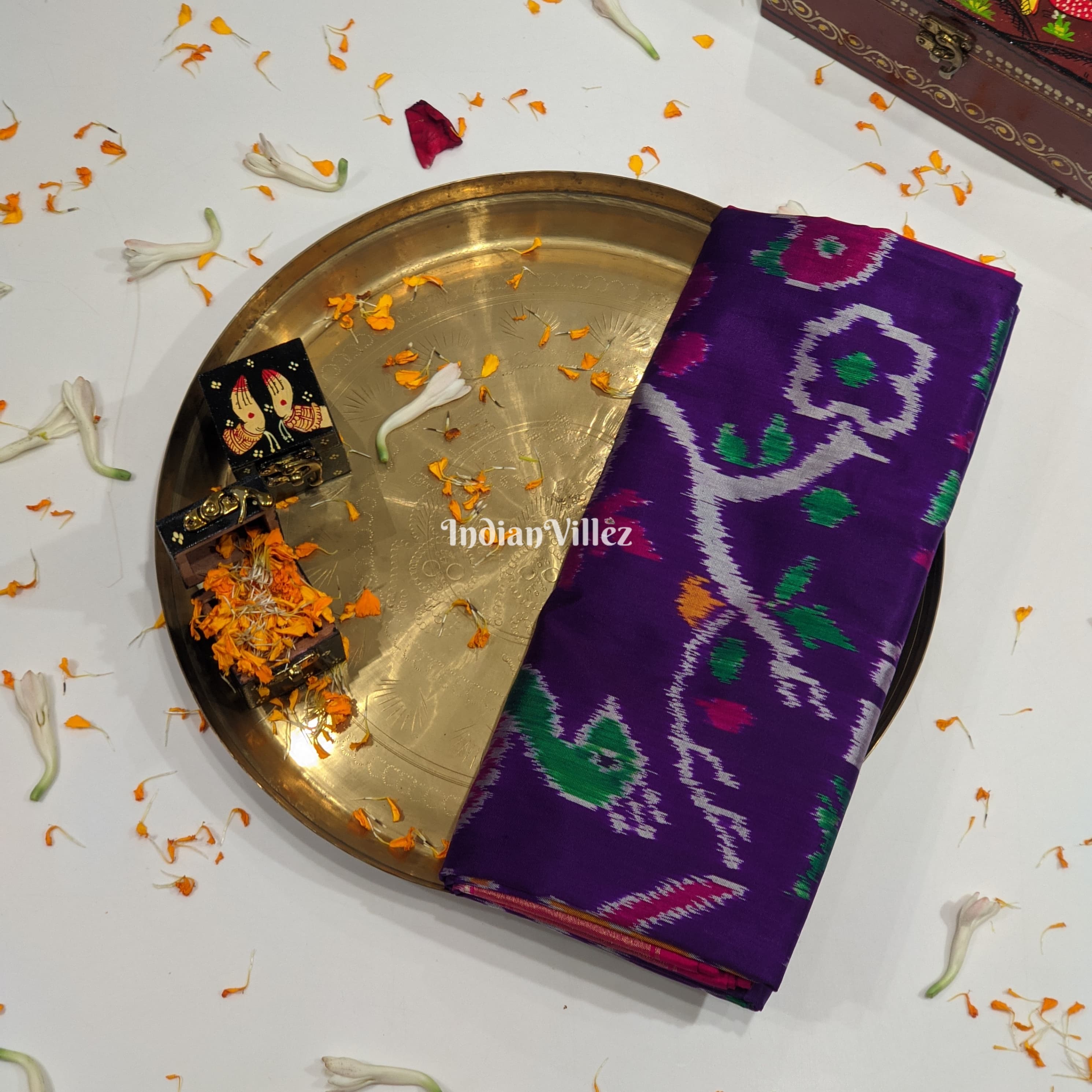 IndianVillèz Violet Color With Forest Theme Pochampally Ikat Silk Saree