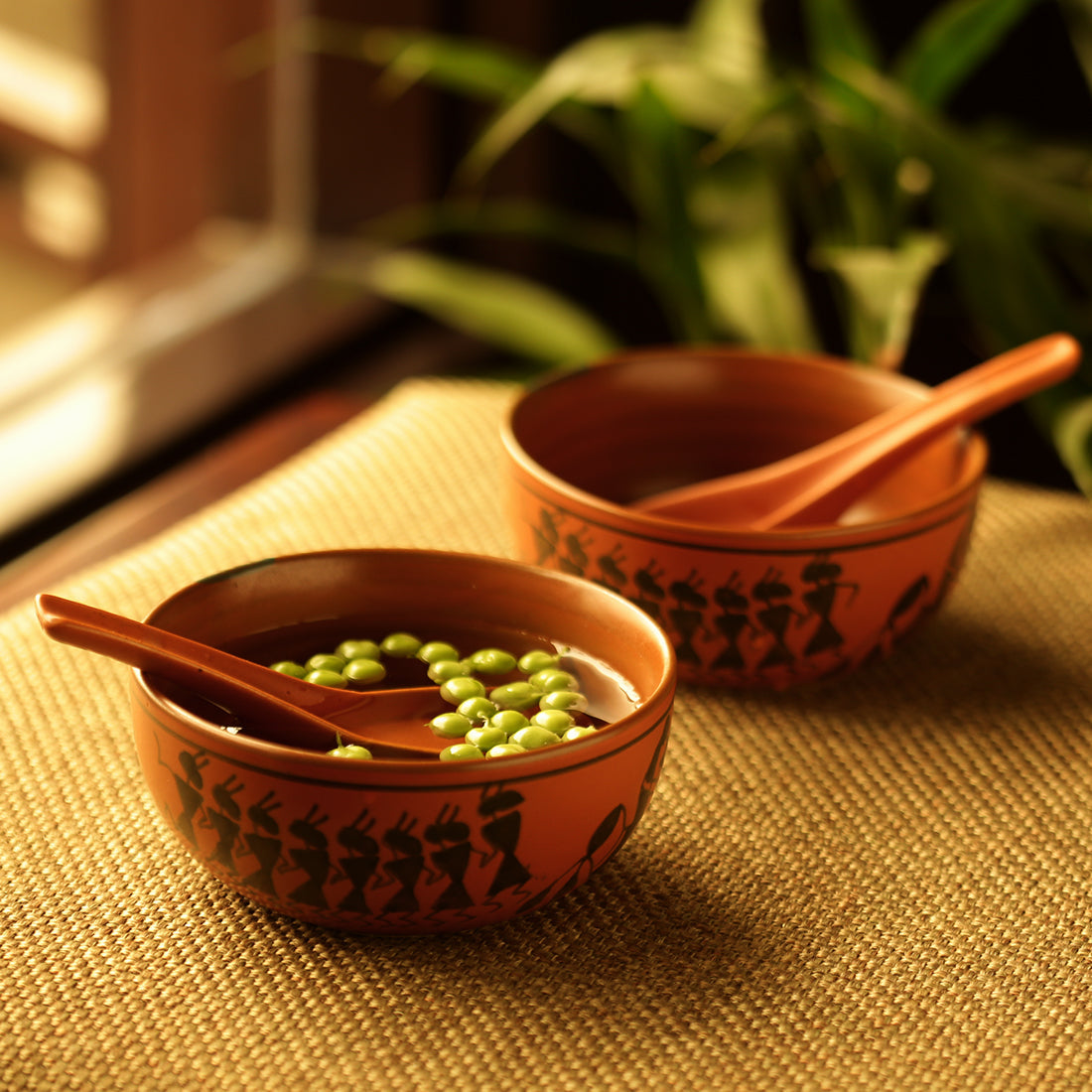 EXCLUSIVELANE 'Bowl Dancing' Warli Handpainted Soup Dishes With Spoons In Ceramic (Set Of 2)