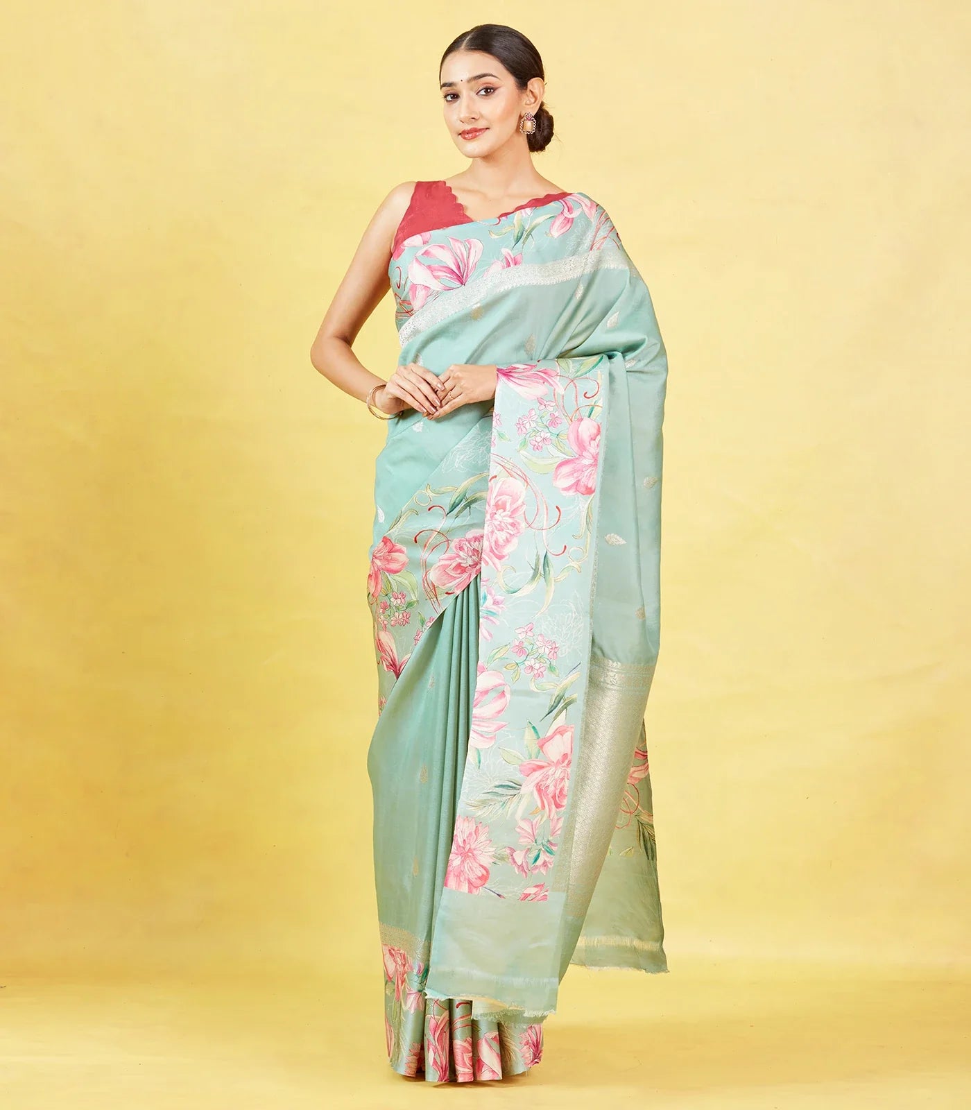RmKV Aquamarine Handloom Tussar Silk Saree With Printed Border