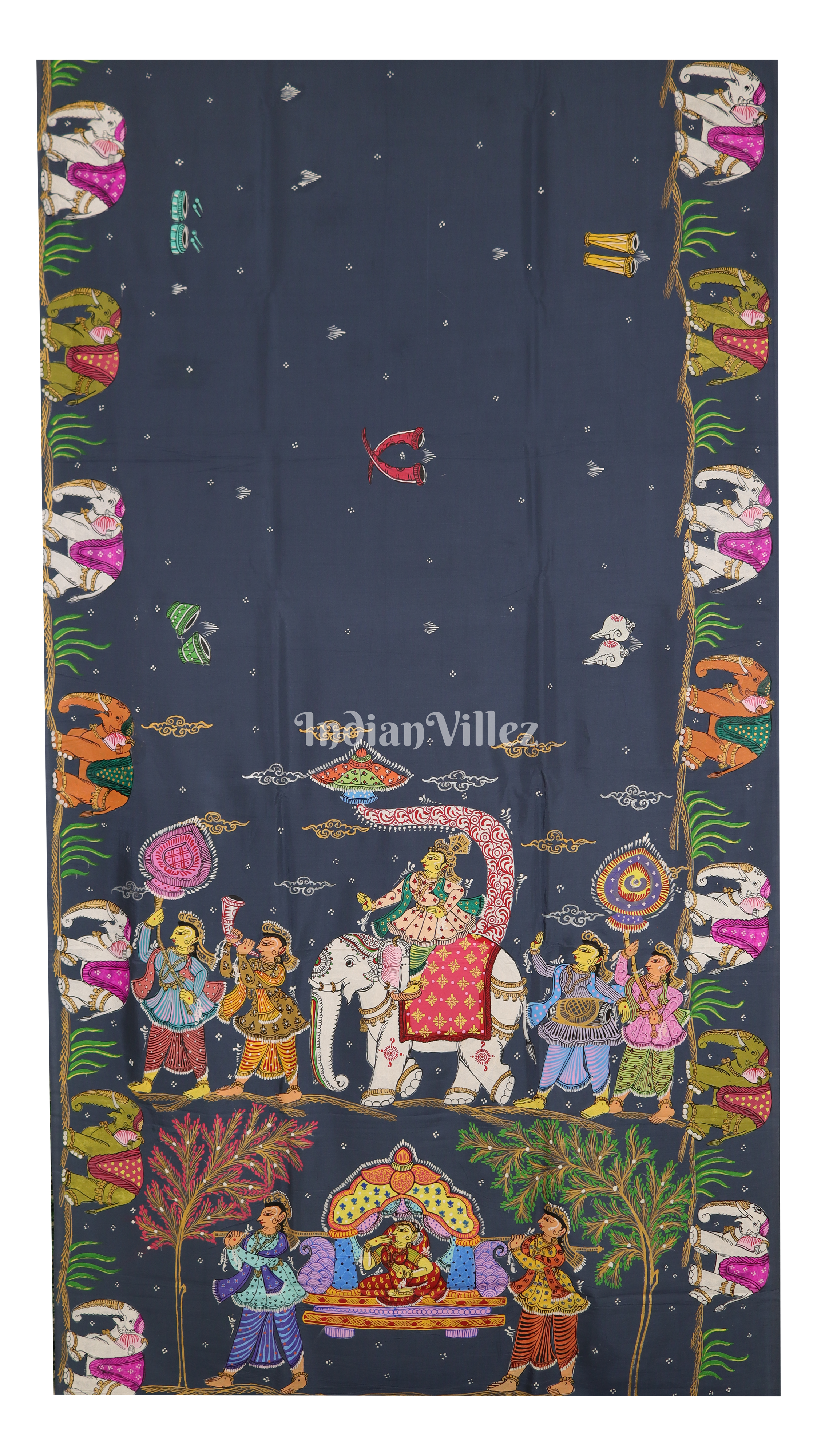 IndianVillèz Gray Doli Barat Theme Hand-Painted Pattachitra Saree