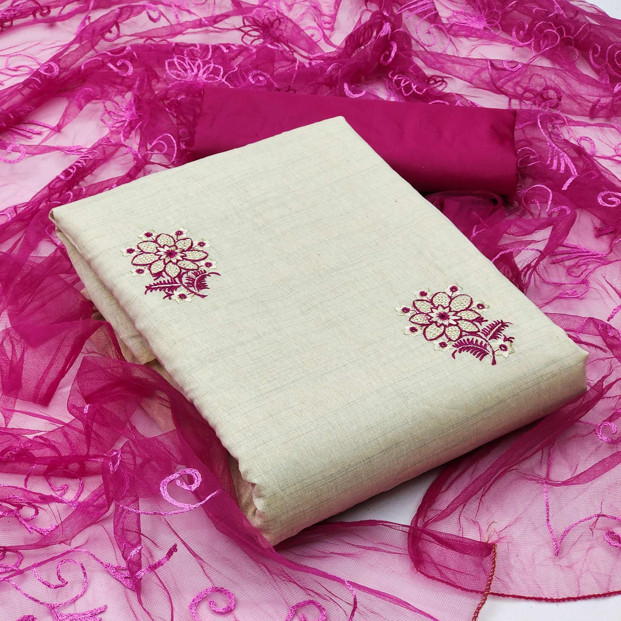 Peachmode Cream - Pink Casual Wear Floral Embroidered Cotton Dress Material