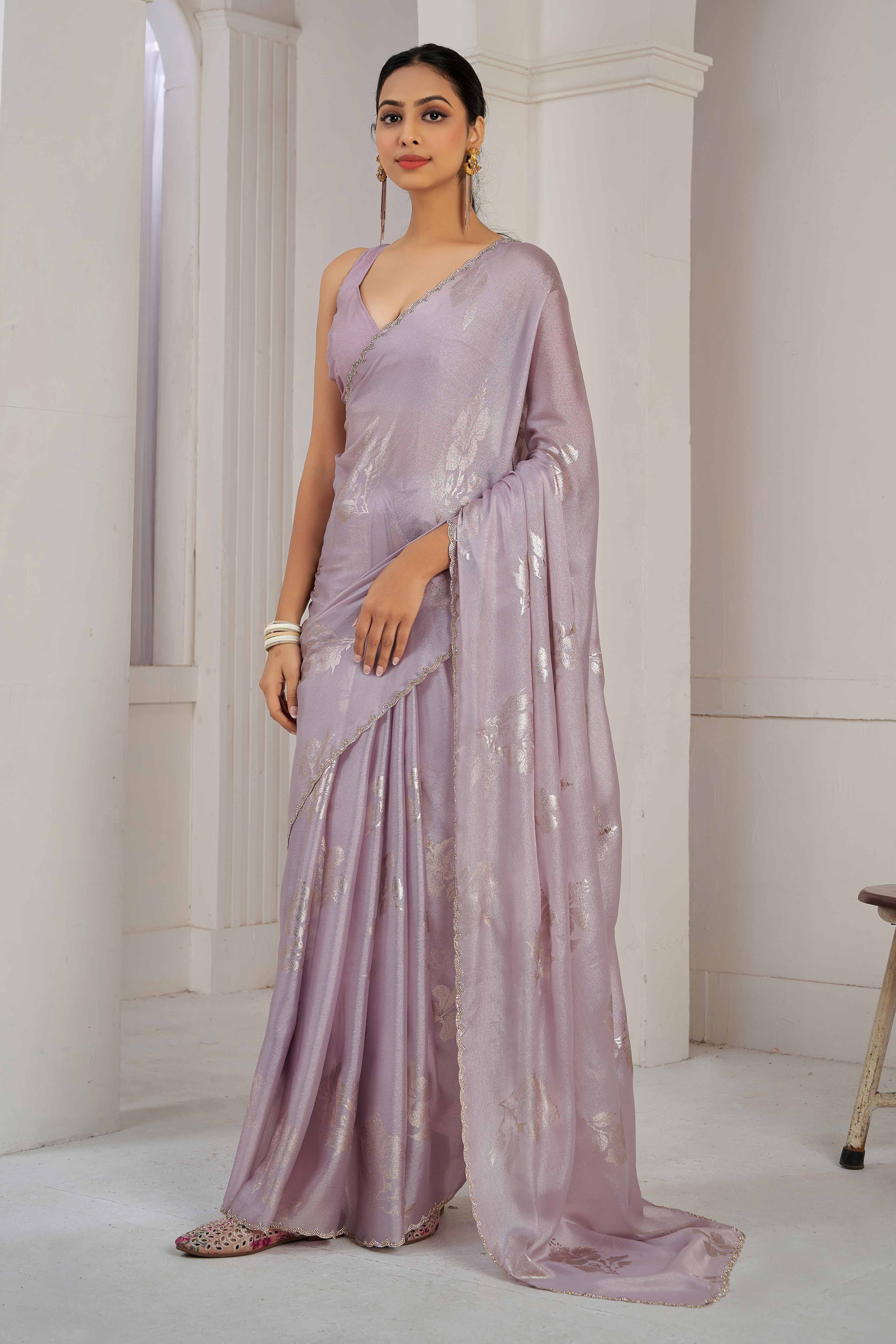 Peachmode Lavender Floral Printed Stone Work Satin Saree