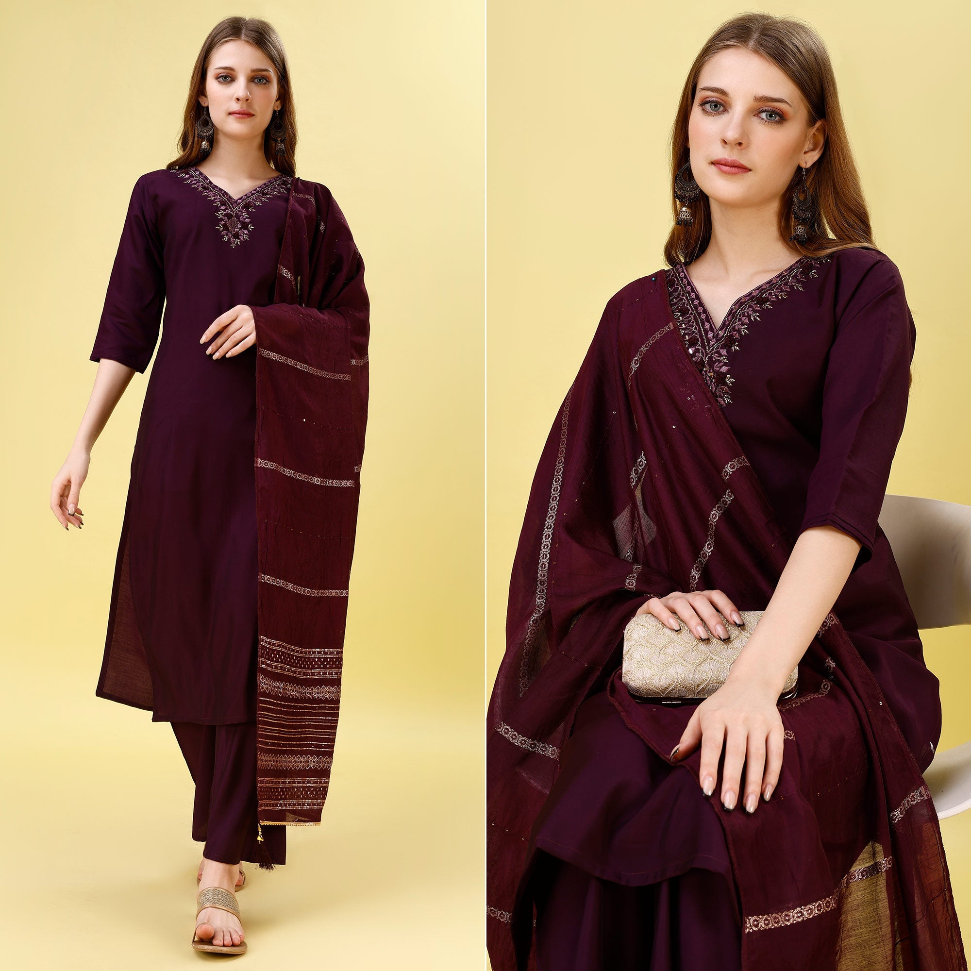 Peachmode Seller Dark Wine Mirror Embroidered Viscose Salwar Suit