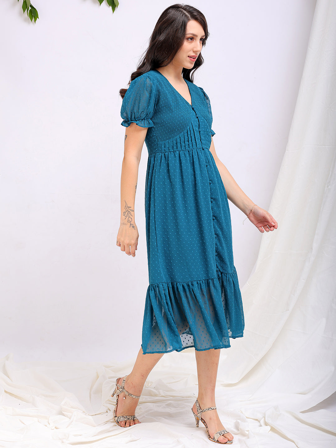 Freehand by The Indian Garage Co Women's Teal Fit and Flare Textured V neck Tiered Dress - view 9