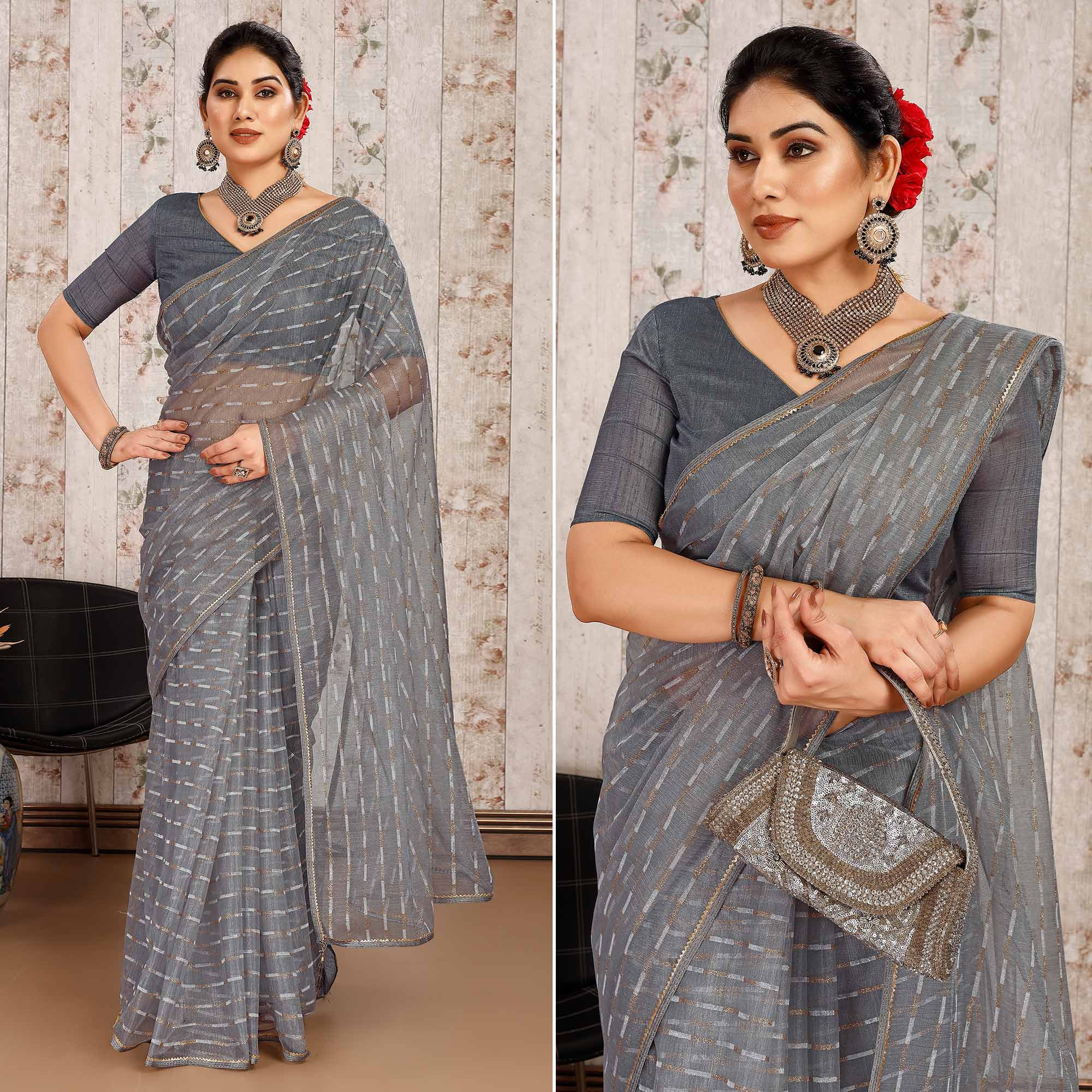 Peachmode Grey Zari Printed Cotton Silk Saree Lace Border