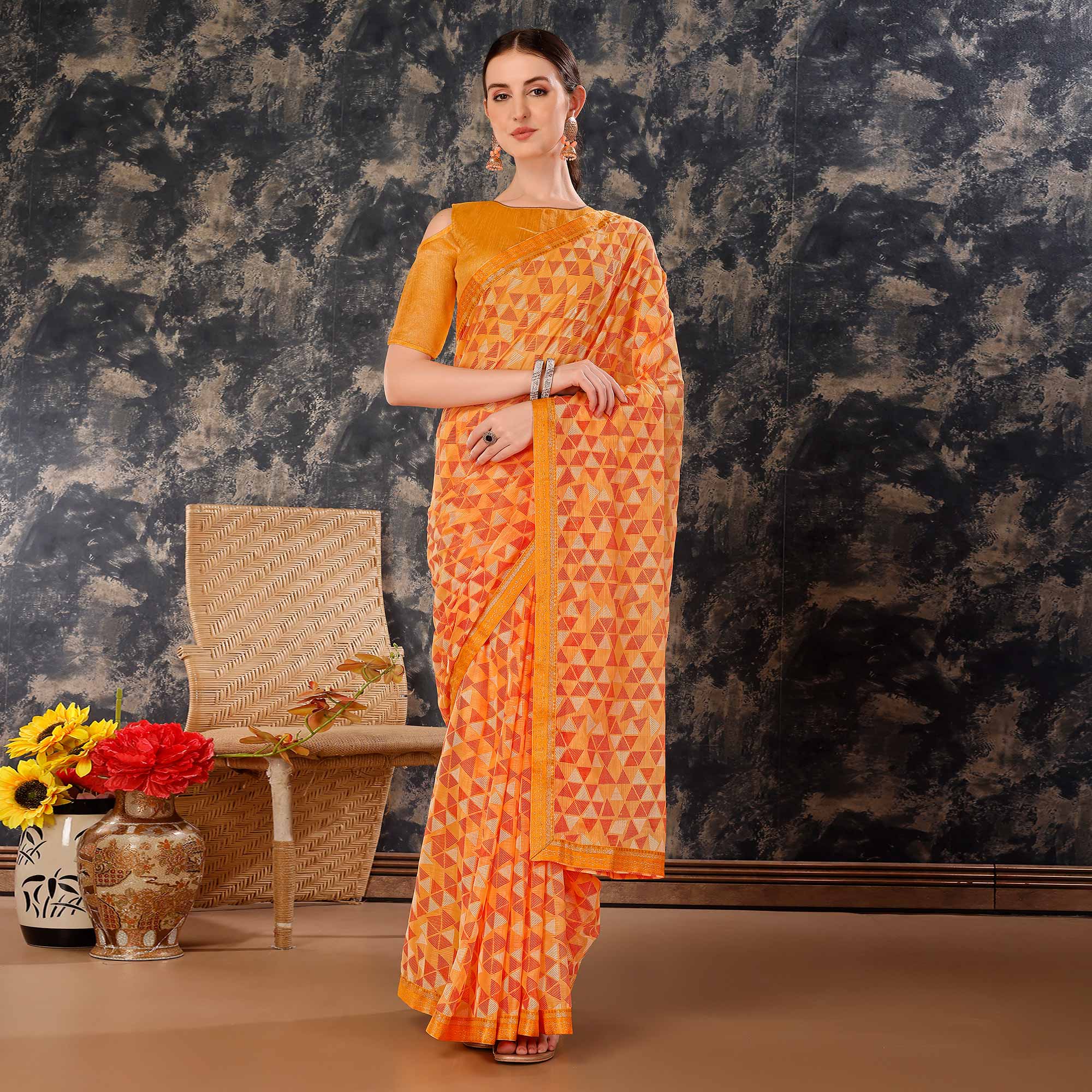 Peachmode Light Orange Geometric Printed Chiffon Saree With Lace Border - view 2