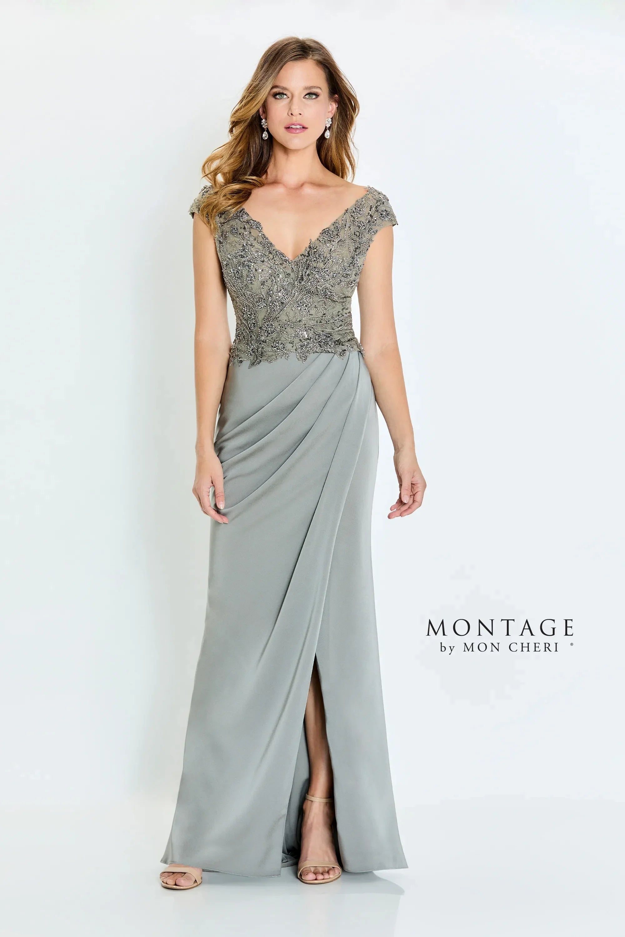 Montage M532 Long Pleated Formal Beaded Slit Evening Dress