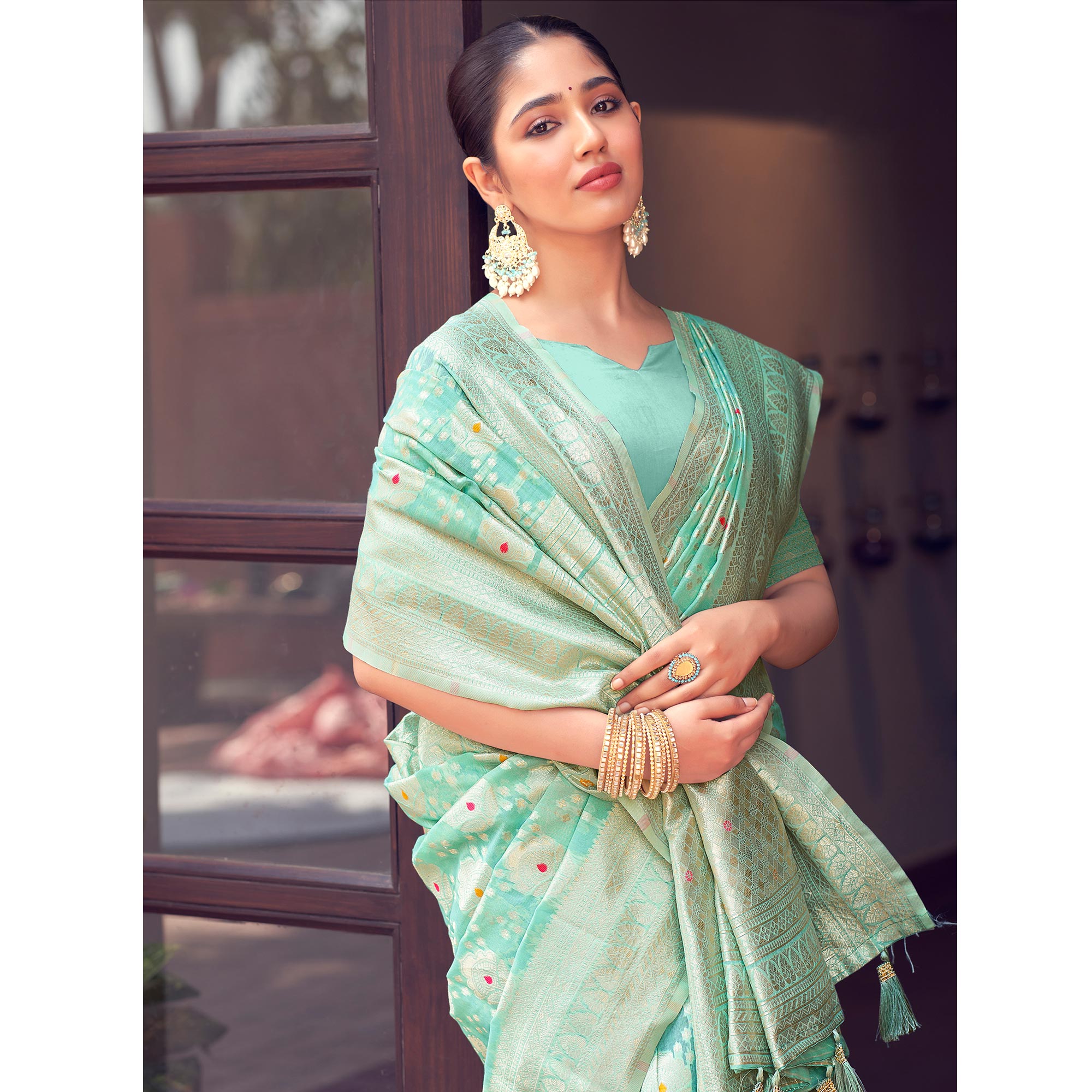 Peachmode Light Rama Green Woven Cotton Silk Saree With Tassels - view 4