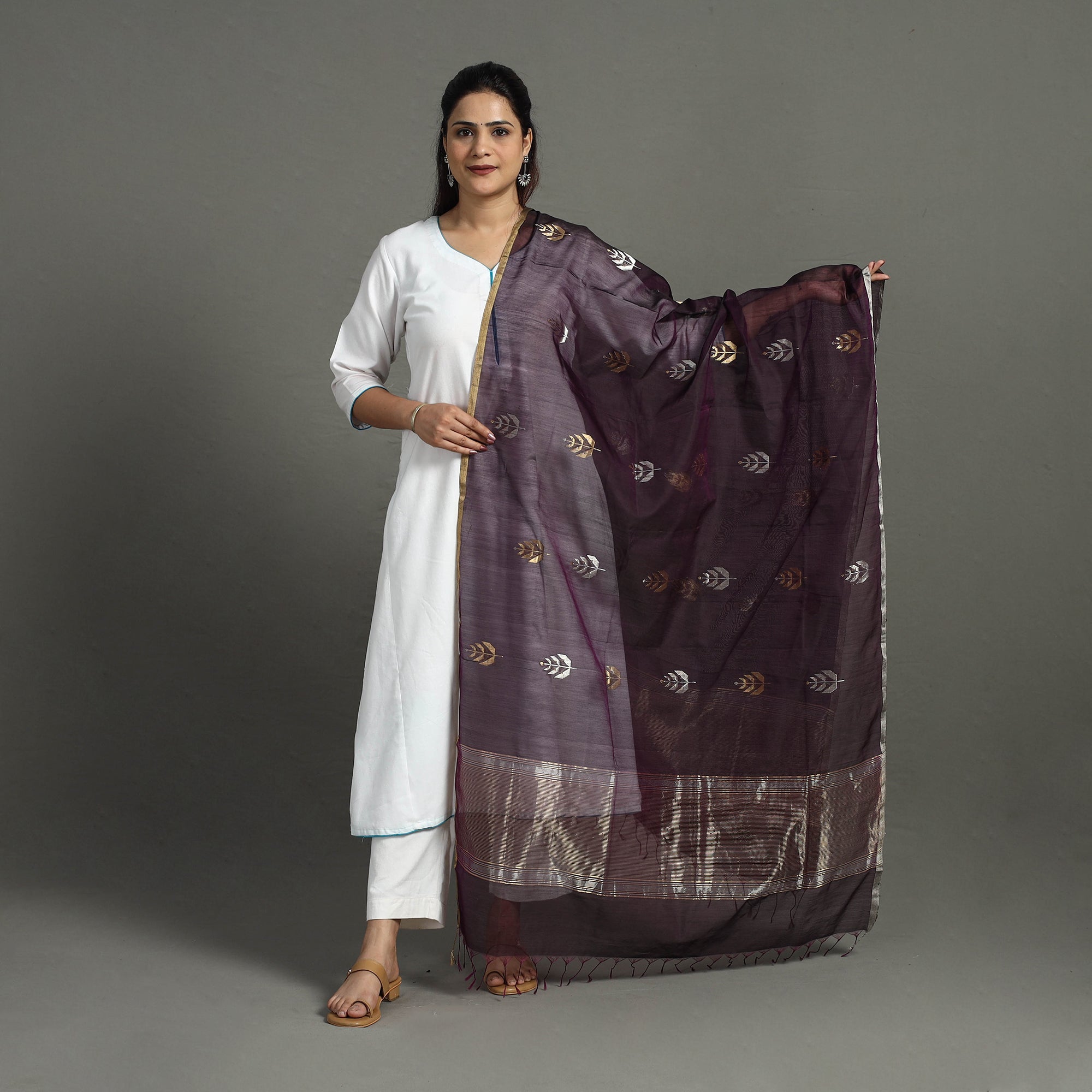 CHANDERI BY RAUPH KHAN Brown - Handloom Silk Cotton Zari Buta Chanderi Dupatta 27