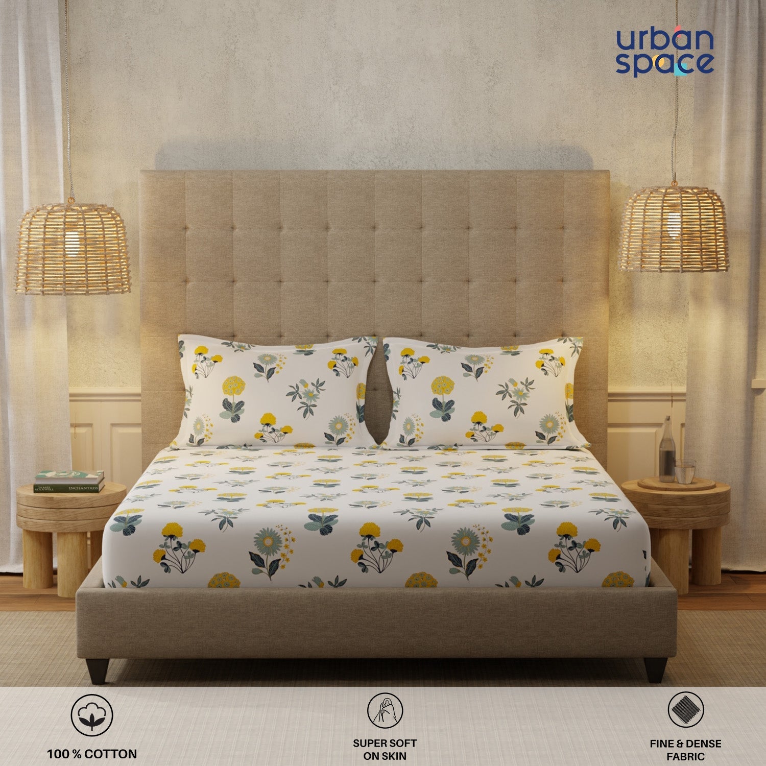 Urban Space -Home Furnishing Store Serene 200 TC 100% Cotton Bedsheet with Pillow Covers - Radiance White - view 2