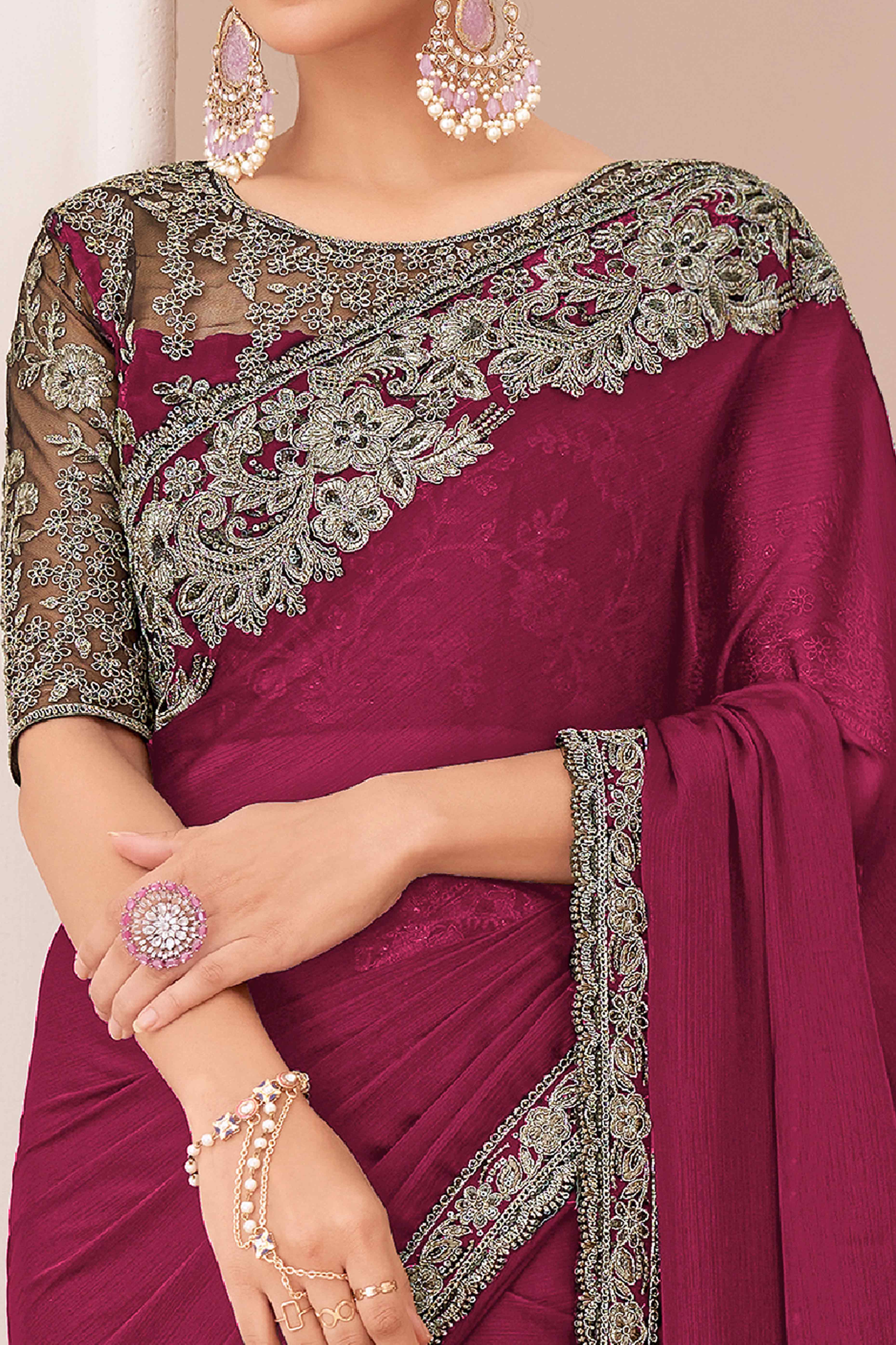 Peachmode Dark Magenta Floral Sequins Embroidered Georgette Saree - view 2