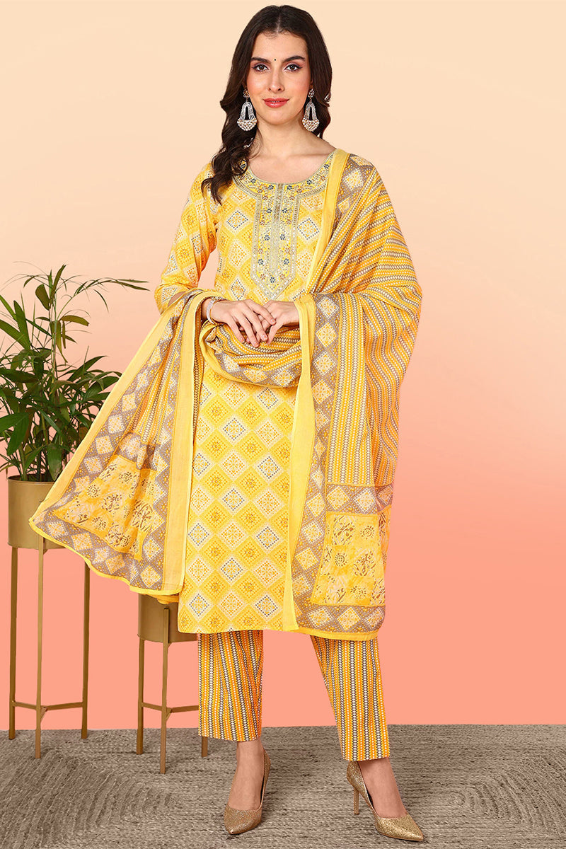 Ahika Yellow Pure Cotton Geometric Printed Yoke Design Suit Set VKSKD2012