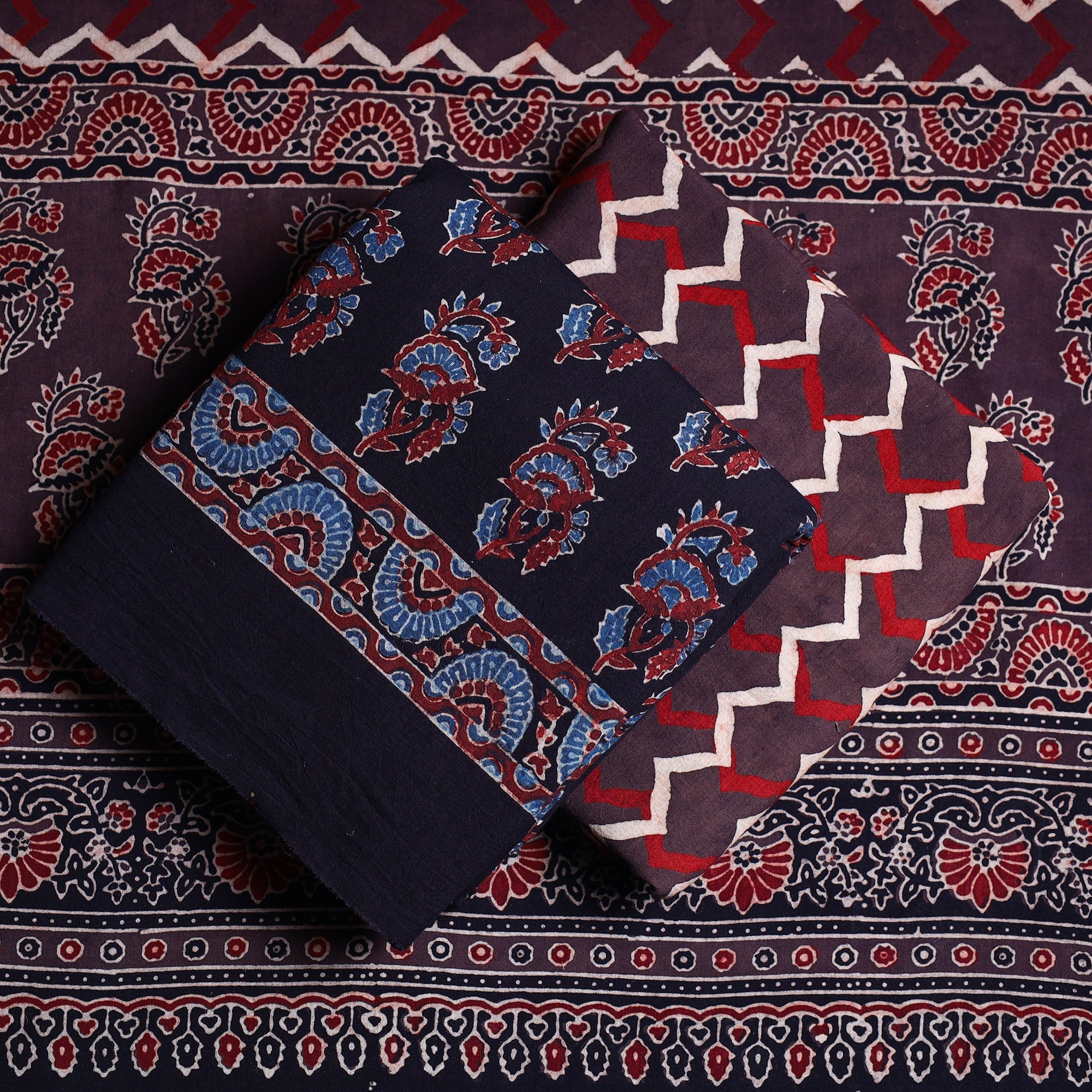 AJRAKH BY JABBAR KHATRI Black - 3pc Ajrakh Block Printed Cotton Suit Material Set - view 2