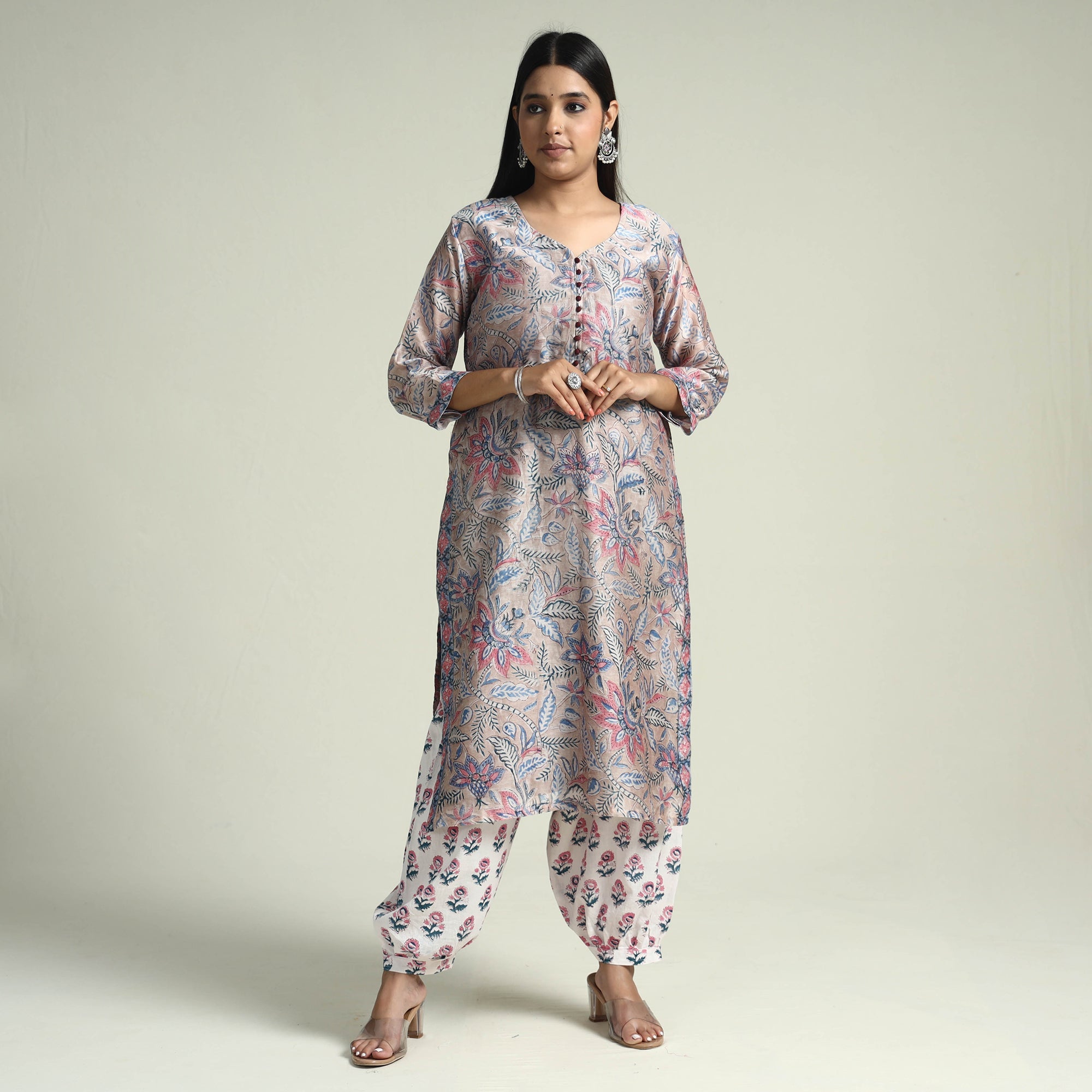 ITOKRI CASUALS Brown - Sanganeri Block Printed Maheshwari Silk Kurta with Palazzo & Dupatta Set - view 4