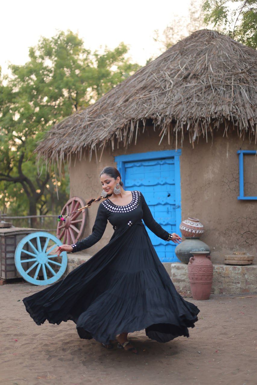 ClothsVilla Black Stunning Gown in 14 Kg Rayon with Real Mirror Work - view 2