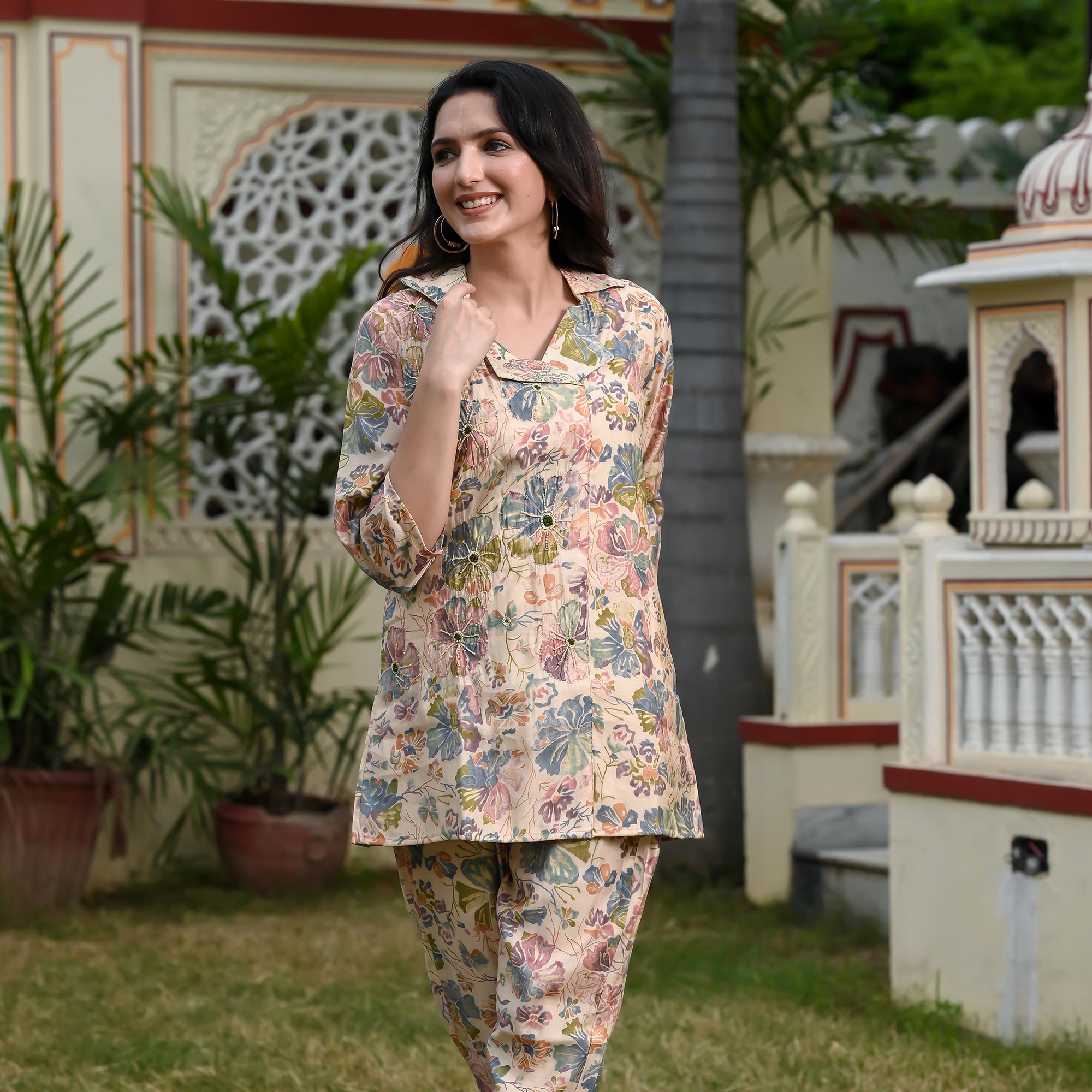 Peachmode Cream Floral Printed Muslin Co Ord Set - view 8