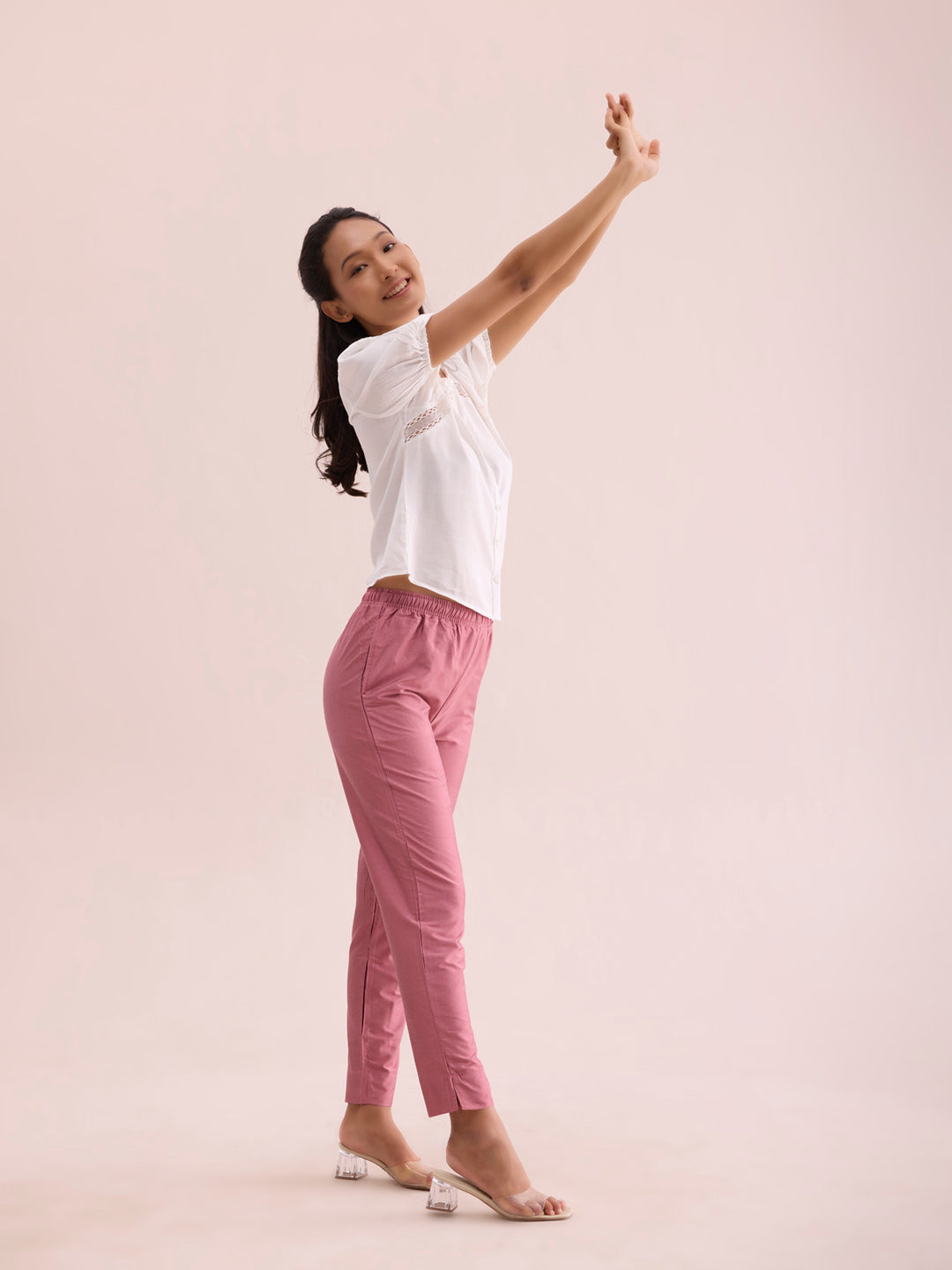 Go Colors Women Dusty Rose Solid Mid Rise Metallic Pants