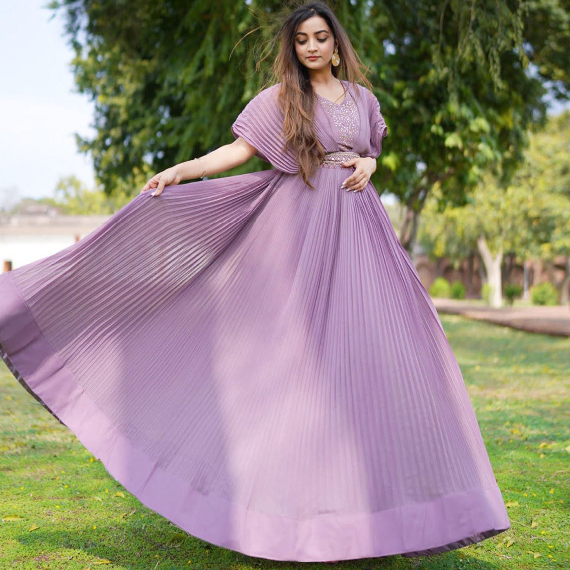Peachmode Seller Light Purple Embellished Georgette Gown With Belt