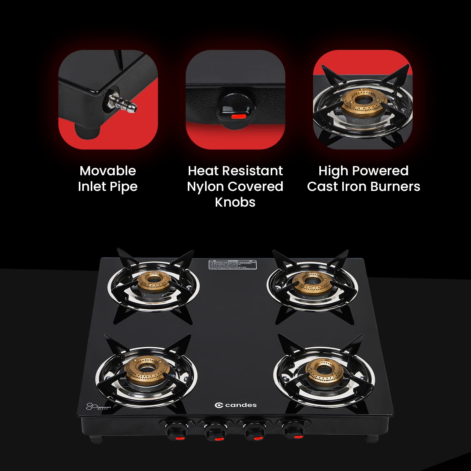 Candes Flame Glass Top Gas Stove 4 Burner, Manual Ignition, Black - view 4