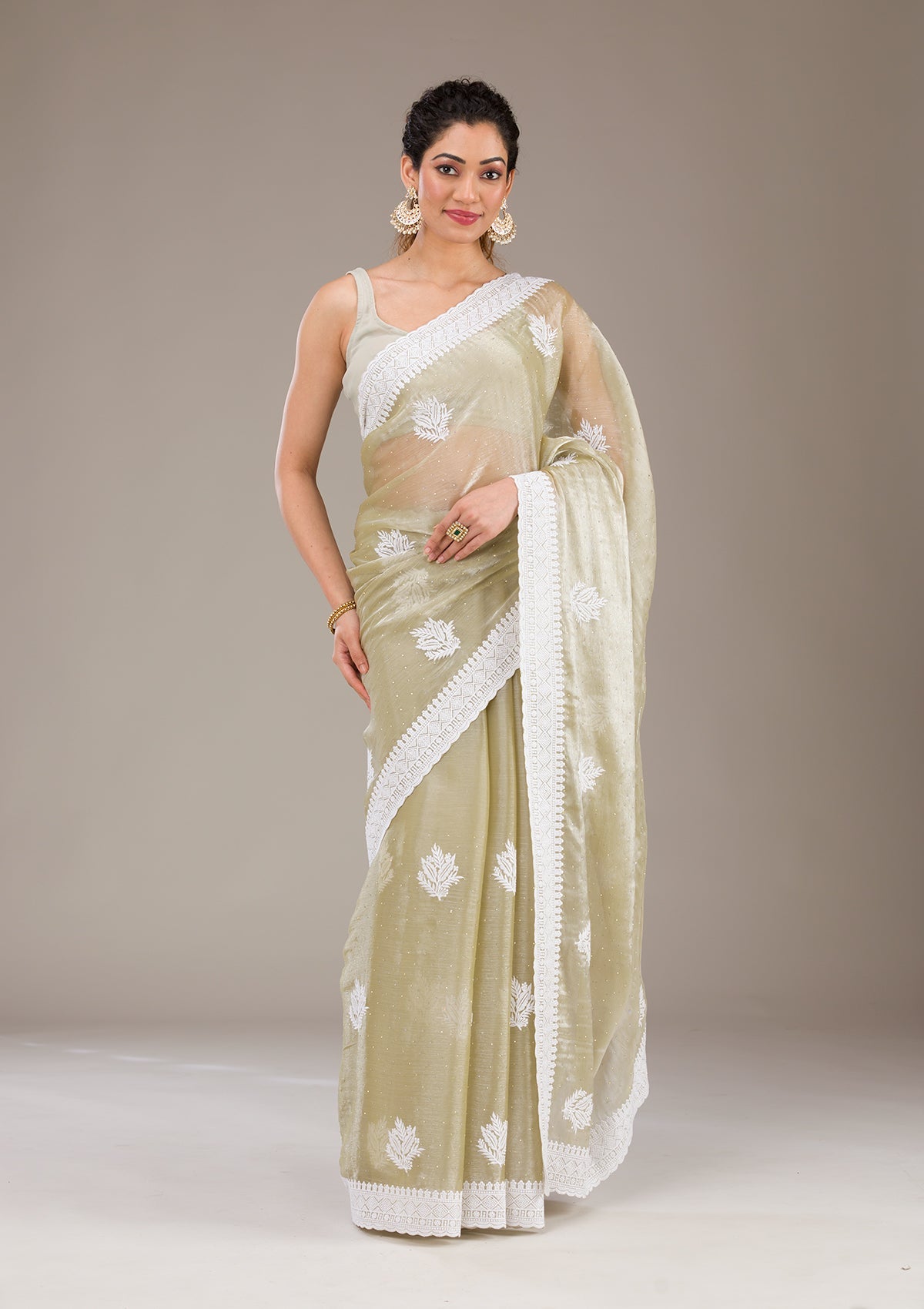 Koskii Sea Green Threadwork Organza Saree – Women's