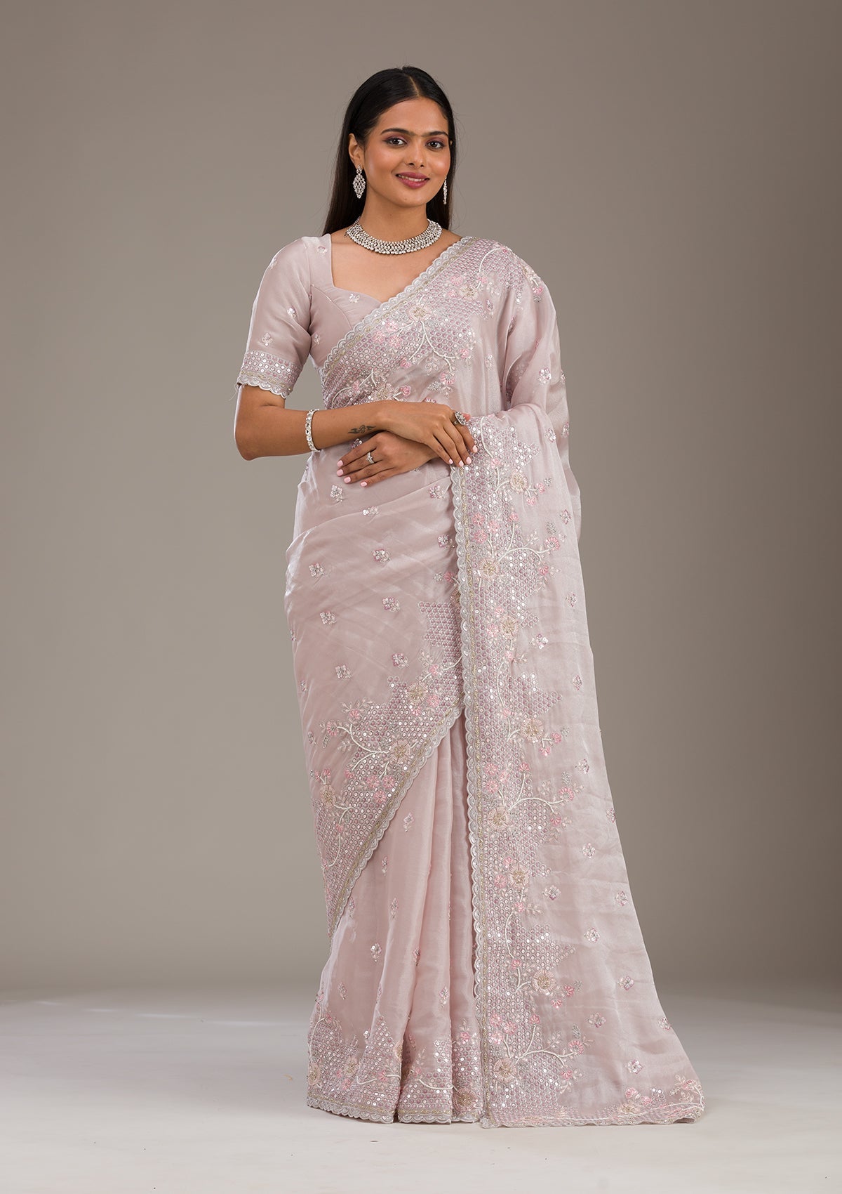 Koskii Light Grey Sequins Tissue Saree – Women's