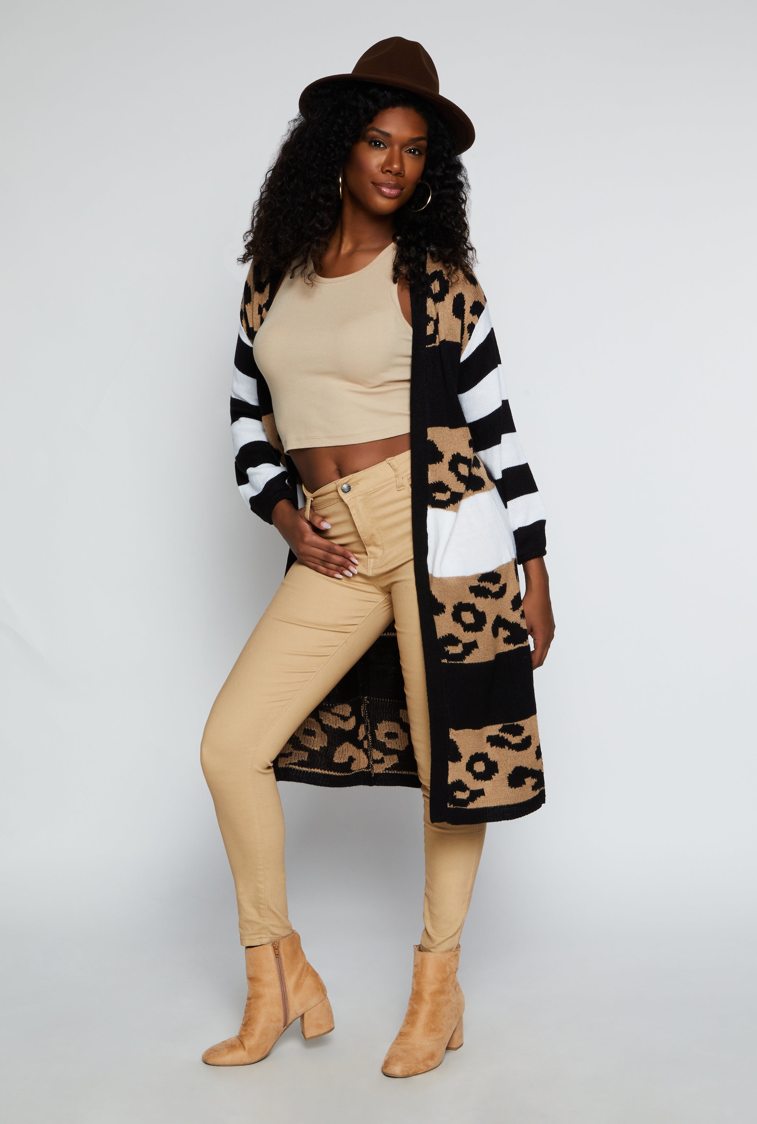 Rainbow Shops Color Block Animal Print Long Cardigan